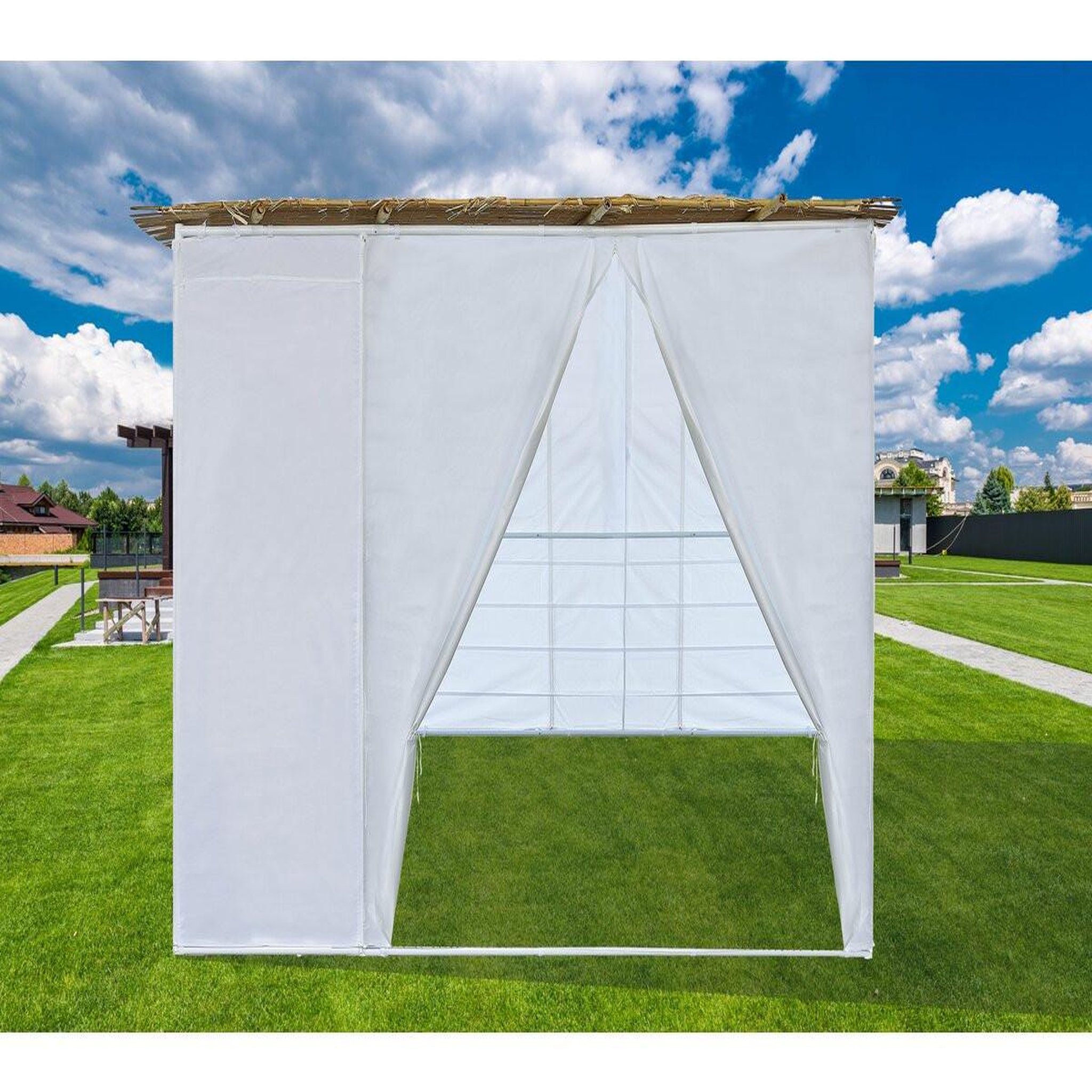 Voir la diapositive 2 : Habitat et Jardin Souccah en kit nina ajustable 3 x 3 -3 rouleaux de bambou et  tasseaux de bambou