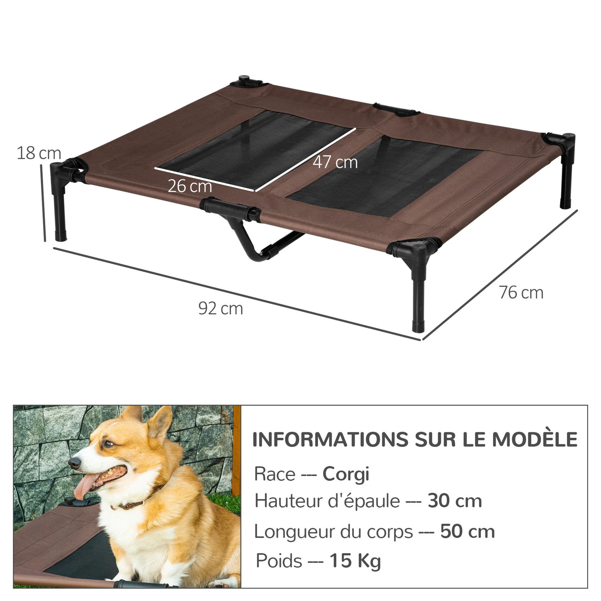 Voir la diapositive 3 : PAWHUT Lit sur pieds pour chien chat lit de camp animal lit surélevé oxford textilène micro-perforé dim. 92l x 76l x 18h cm marron