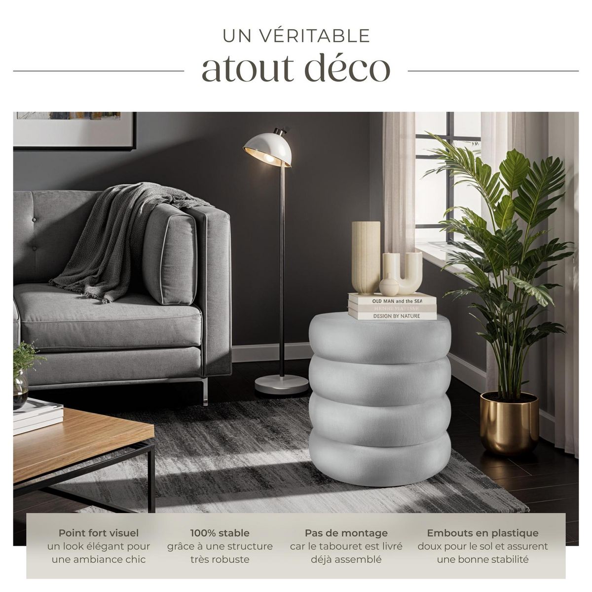 tectake Tabouret avec espace de rangement rond Aspect velours gris