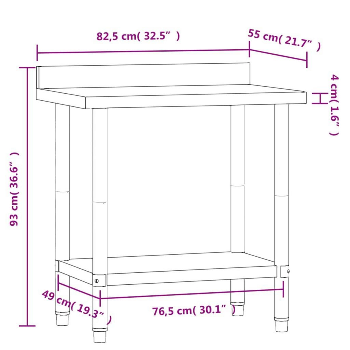 VIDAXL Table de travail de cuisine avec dosseret 82,5x55x93 cm inox
