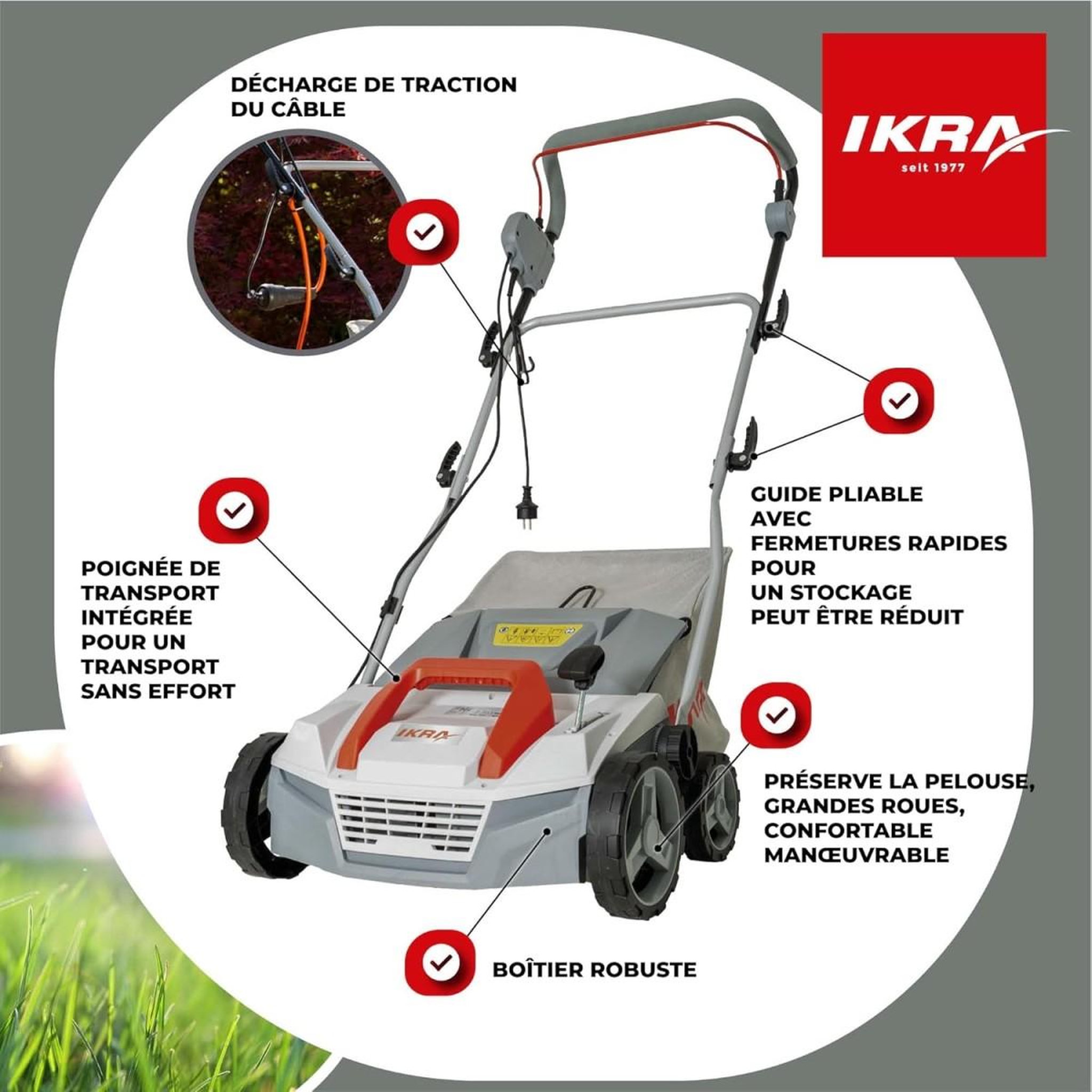 Voir la diapositive 2 : Ikra Scarificateur Démousseur électrique 1800W Profondeur de travail 23cm Bac à herbe 40L Aérateur de pelouse Entretien gazon IKRA