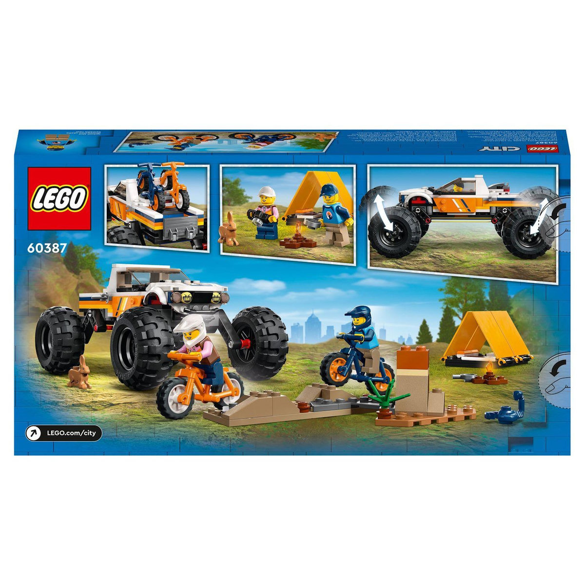 LEGO City 60387 Les aventures du 4x4 tout terrain, Set de Camping, Jouet Monster Truck avec Suspension et VTT, Jeu de Voiture 