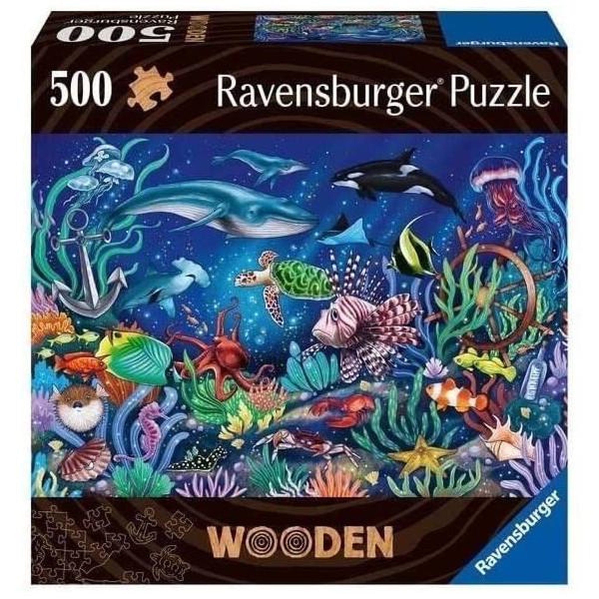 RAVENSBURGER Puzzle en bois monde marin coloré 500 pieces robustes et naturelles dont 40 figurines en bois (whimsies), qualité premium - po