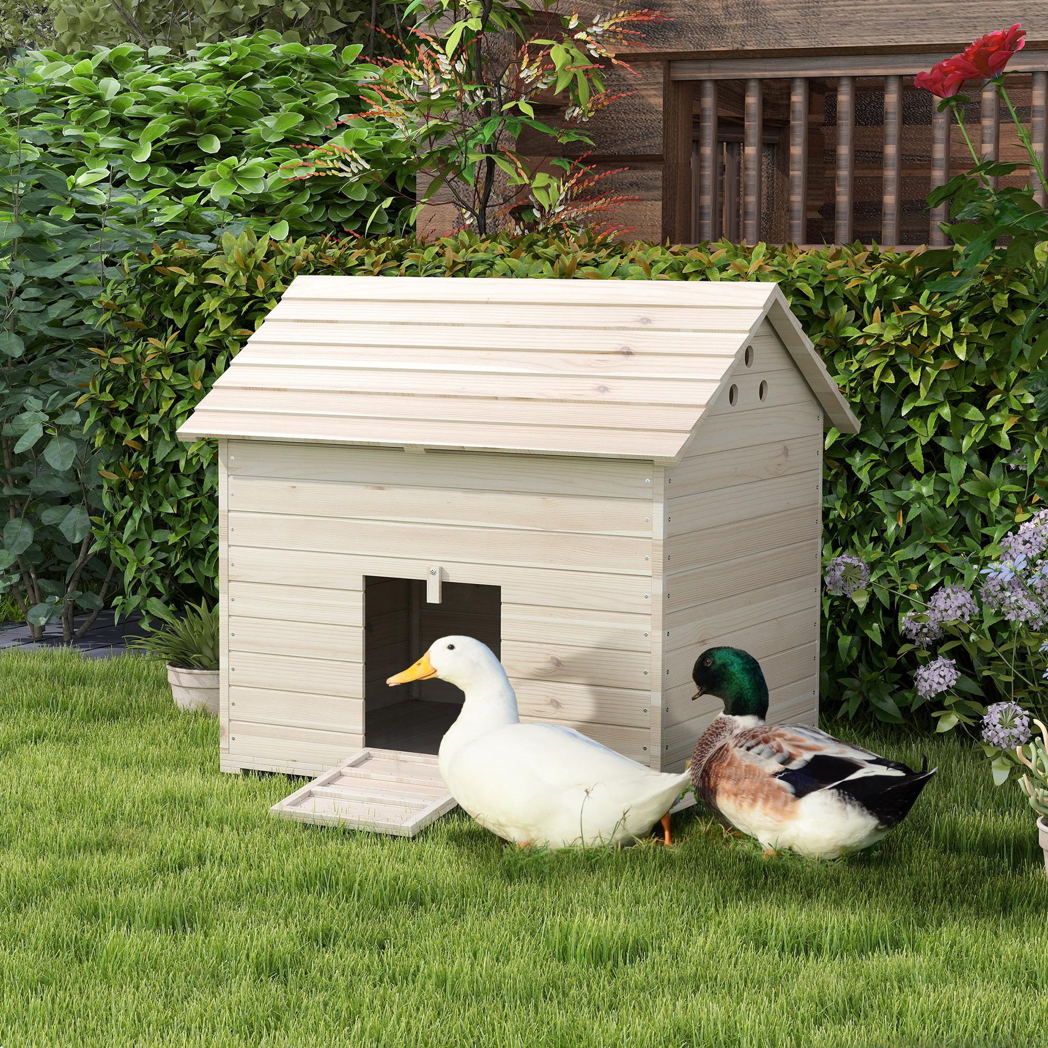 Voir la diapositive 4 : PAWHUT Maison pour rongeur - niche en bois - grand nichoir canard - 100 x 82 x 91 cm - naturel