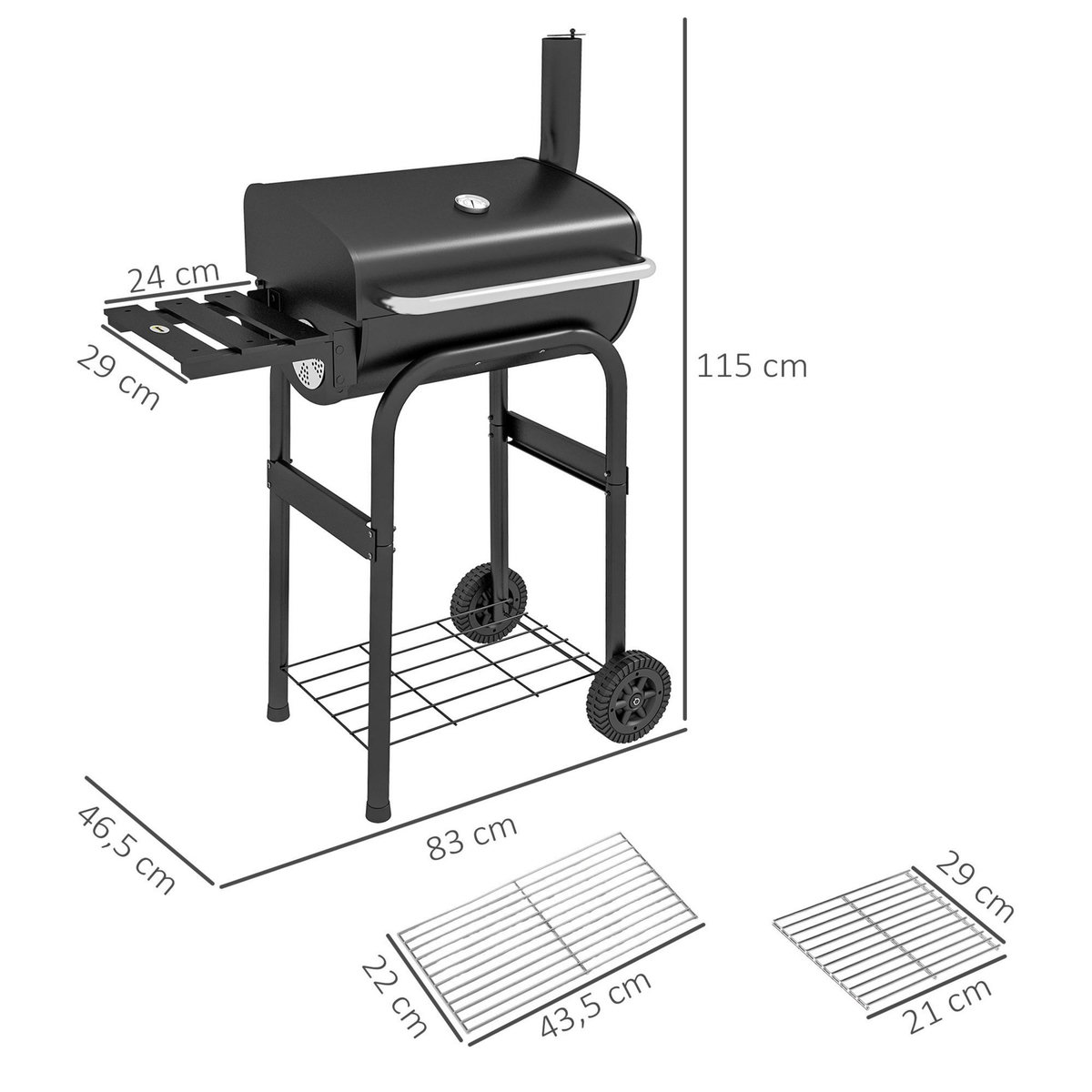 OUTSUNNY Barbecue charbon de bois avec couvercle 2 roues tablette pliable étagère cheminée thermomètre grilles acier chromée