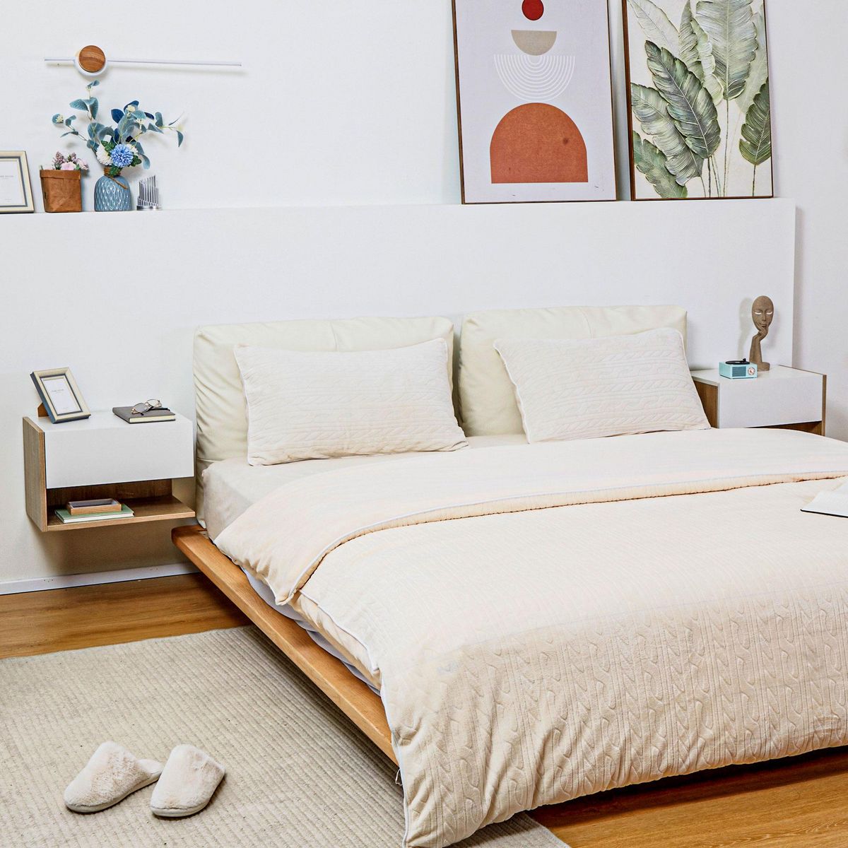 HOMCOM Lot de 2 tables de chevet murales - lot de 2 tables de nuit - tiroir coulissant, étagère - aspect chêne clair blanc