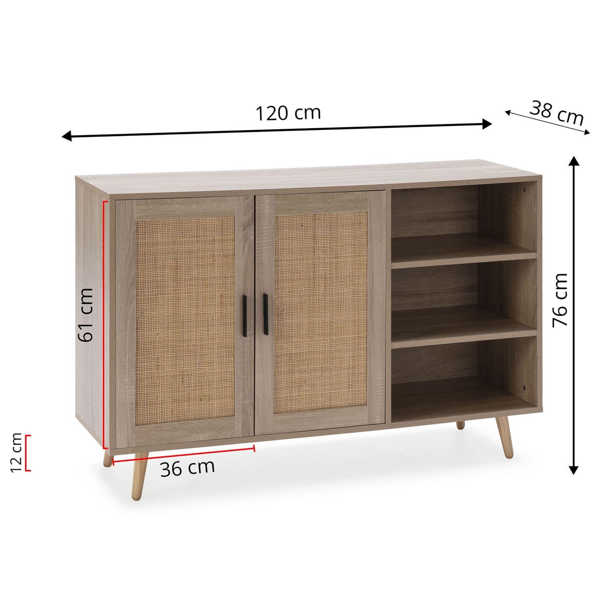 Voir la diapositive 4 : VS VENTA-STOCK Buffet Dalia 2 portes et 3 niches couleur chêne, 120 cm longueur