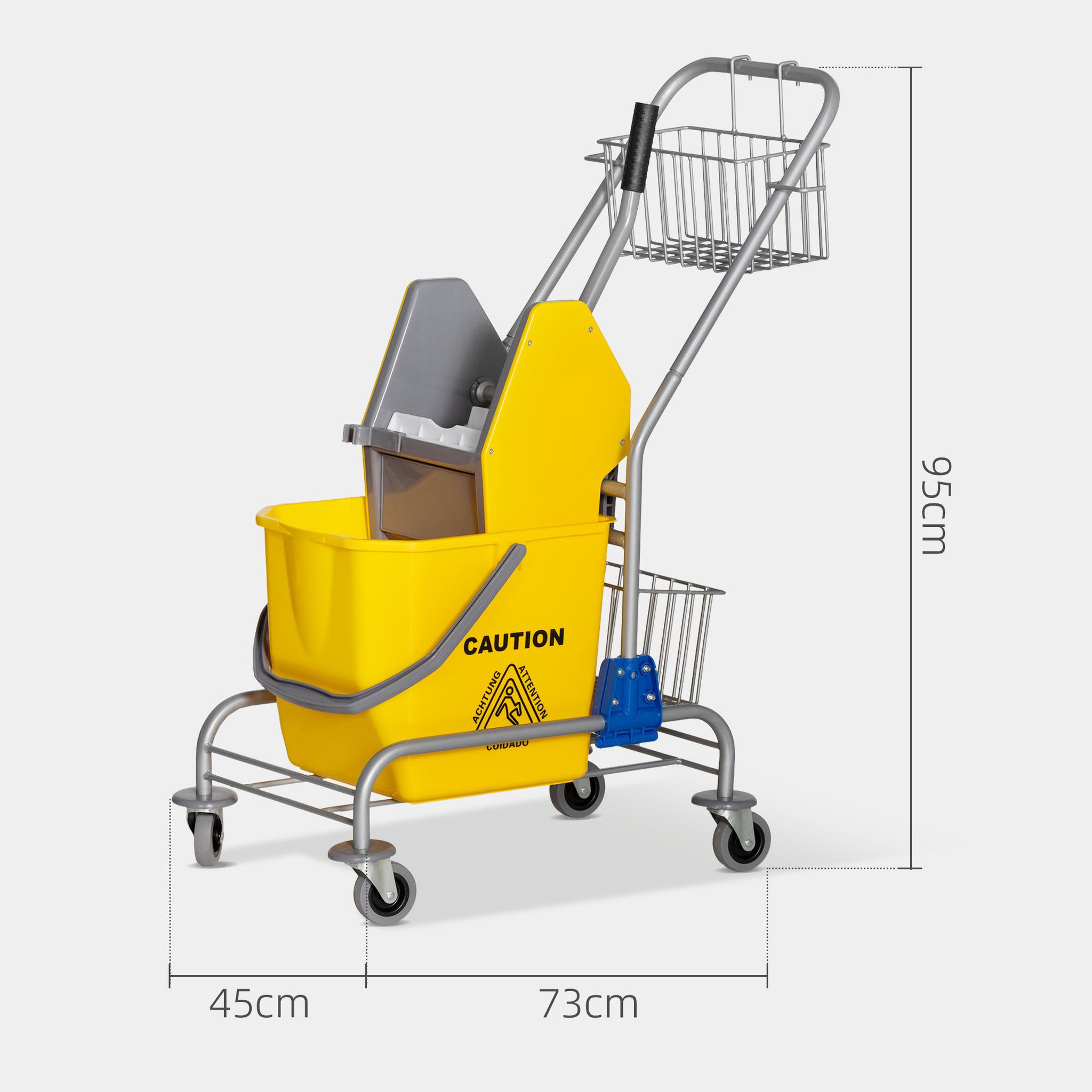 Voir la diapositive 3 : HOMCOM Chariot de lavage chariot de nettoyage professionnel en acier presse à mâchoire seau + rangements jaune