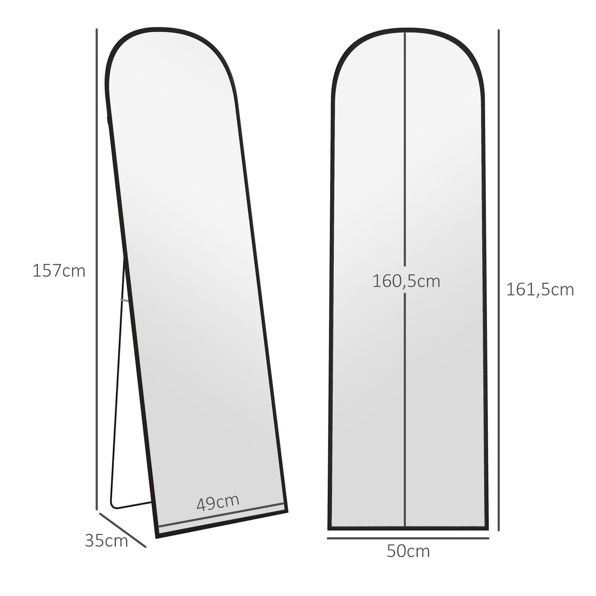 Voir la diapositive 3 : HOMCOM Miroir sur pied - miroir mural rectangulaire arrondi - dim. 50L x 161,5H cm - alu. noir