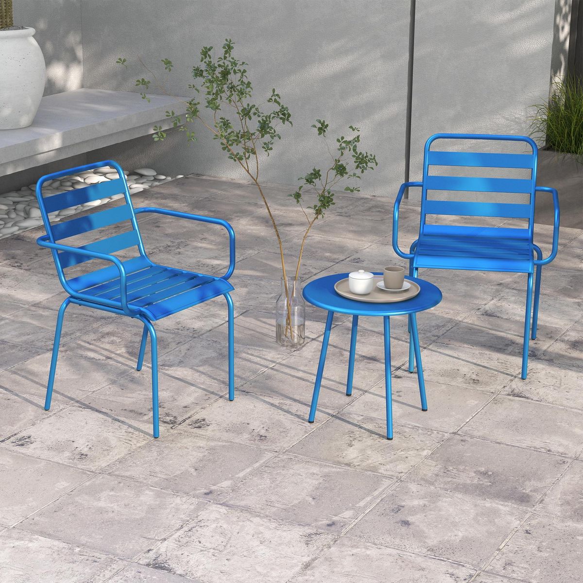 OUTSUNNY Salon de jardin bistro - table basse ronde Ø 60 cm 2 chaises empilables - acier thermolaqué bleu