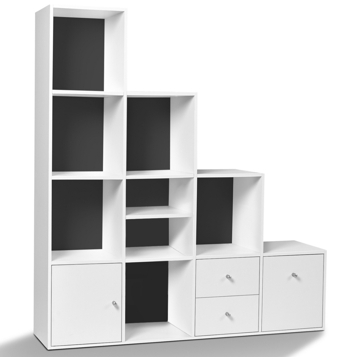 ID MARKET Meuble de rangement en escalier LIAM 4 niveaux bois blanc + porte/tiroirs blancs fond gris