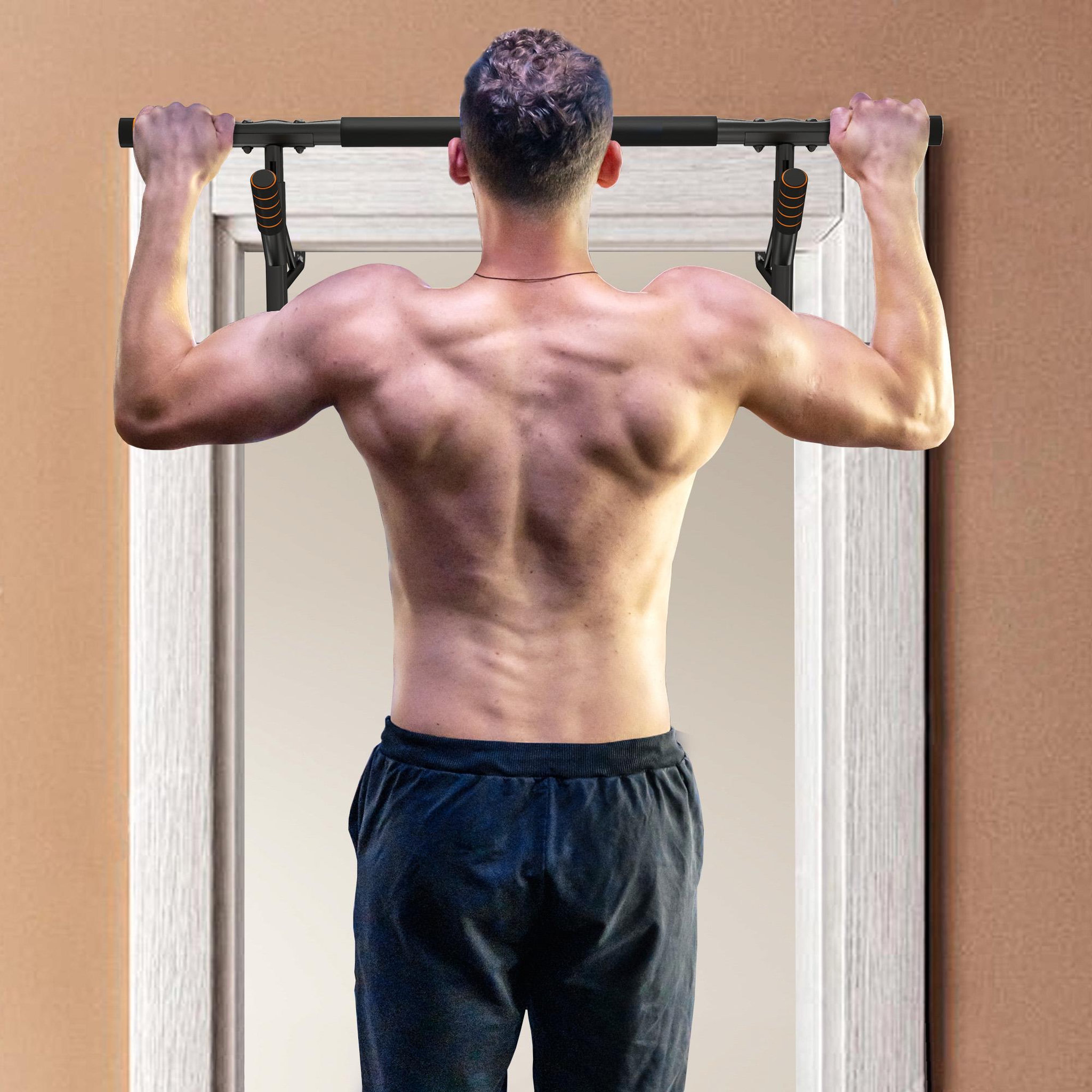 Voir la diapositive 2 : HOMCOM Barre de traction porte 2 bandes de résistance incluses max. 150 kg acier orange noir