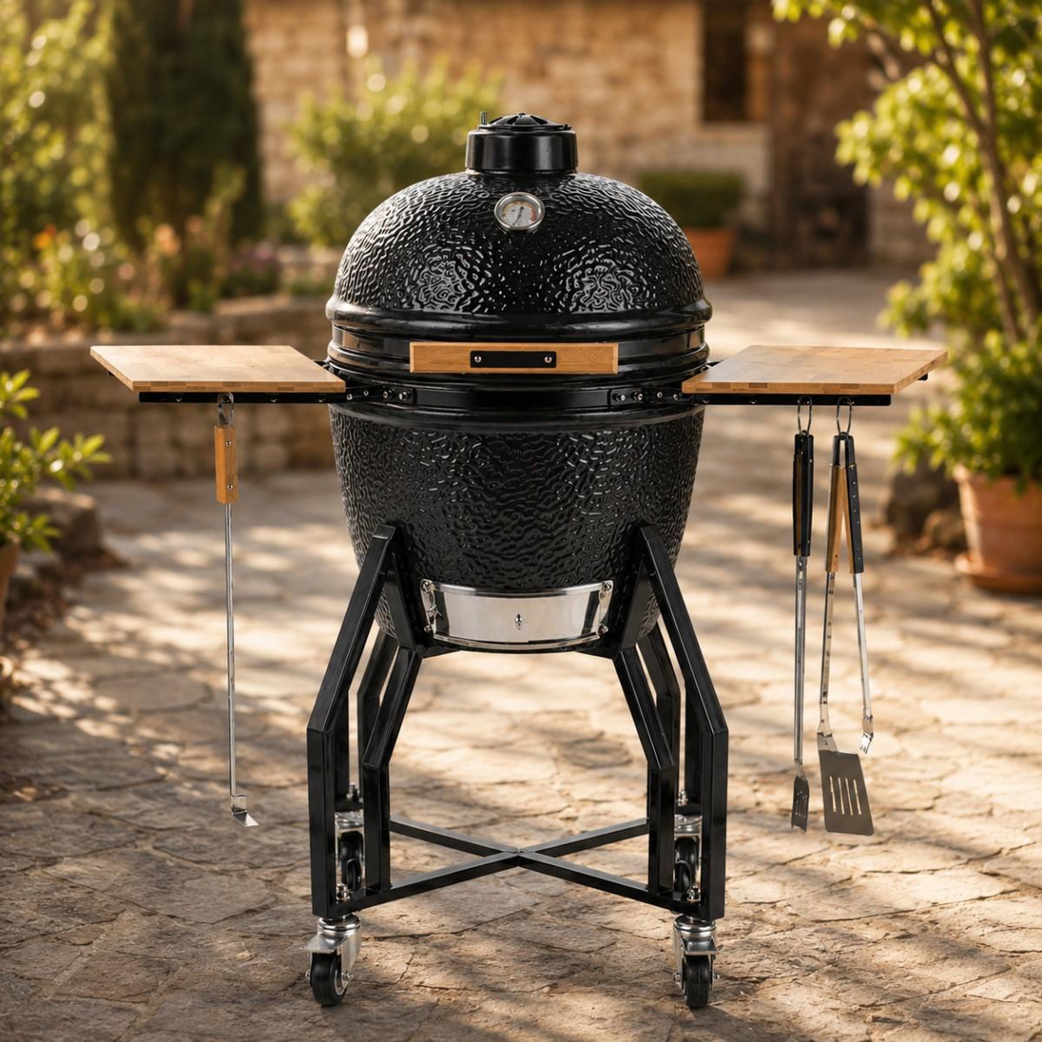 Voir la diapositive 5 : INTEC Barbecue à charbon de bois céramique kamado noir 2 zones de cuisson grill & fumoir ø56cm - barbecue mobile + 2 tablettes intec