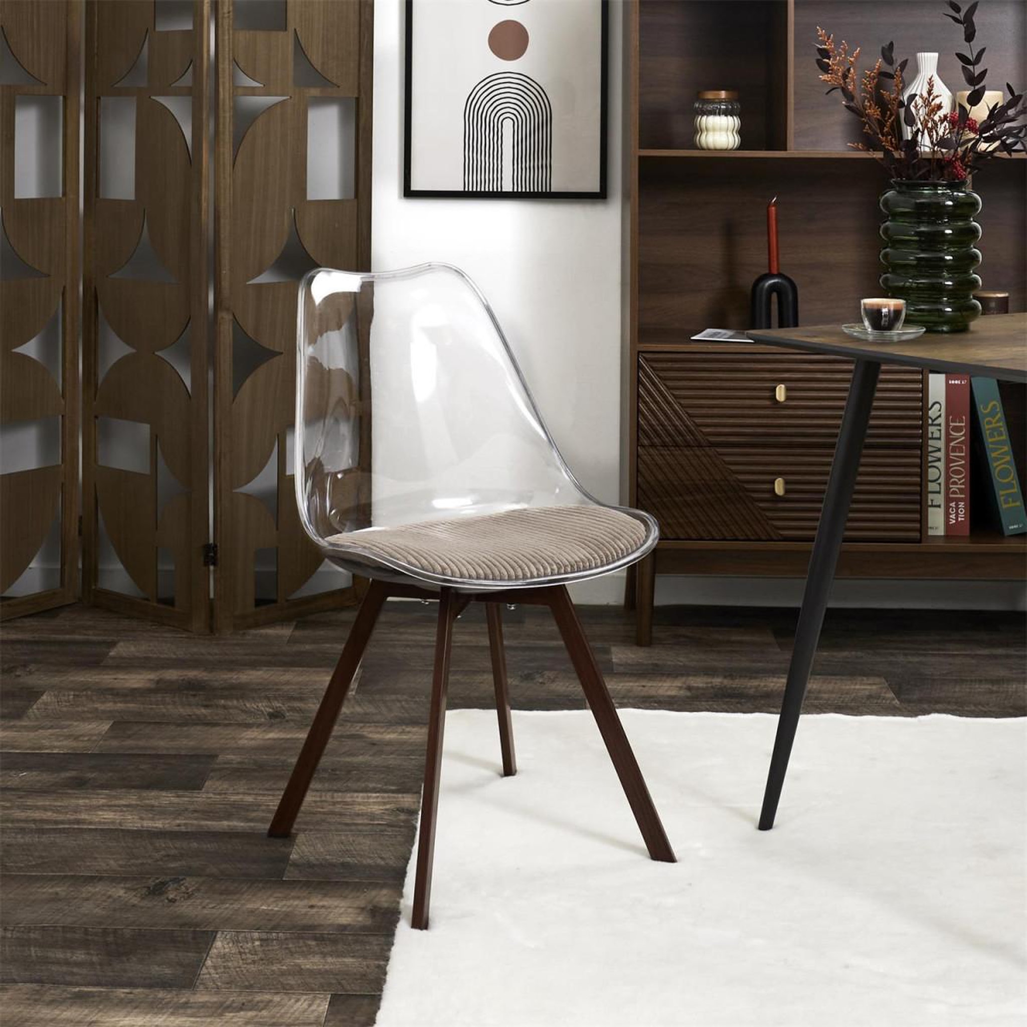 Voir la diapositive 6 : The Home Deco Factory Lot de 4 chaises coussin côtelé  scott  82cm transparent & taupe