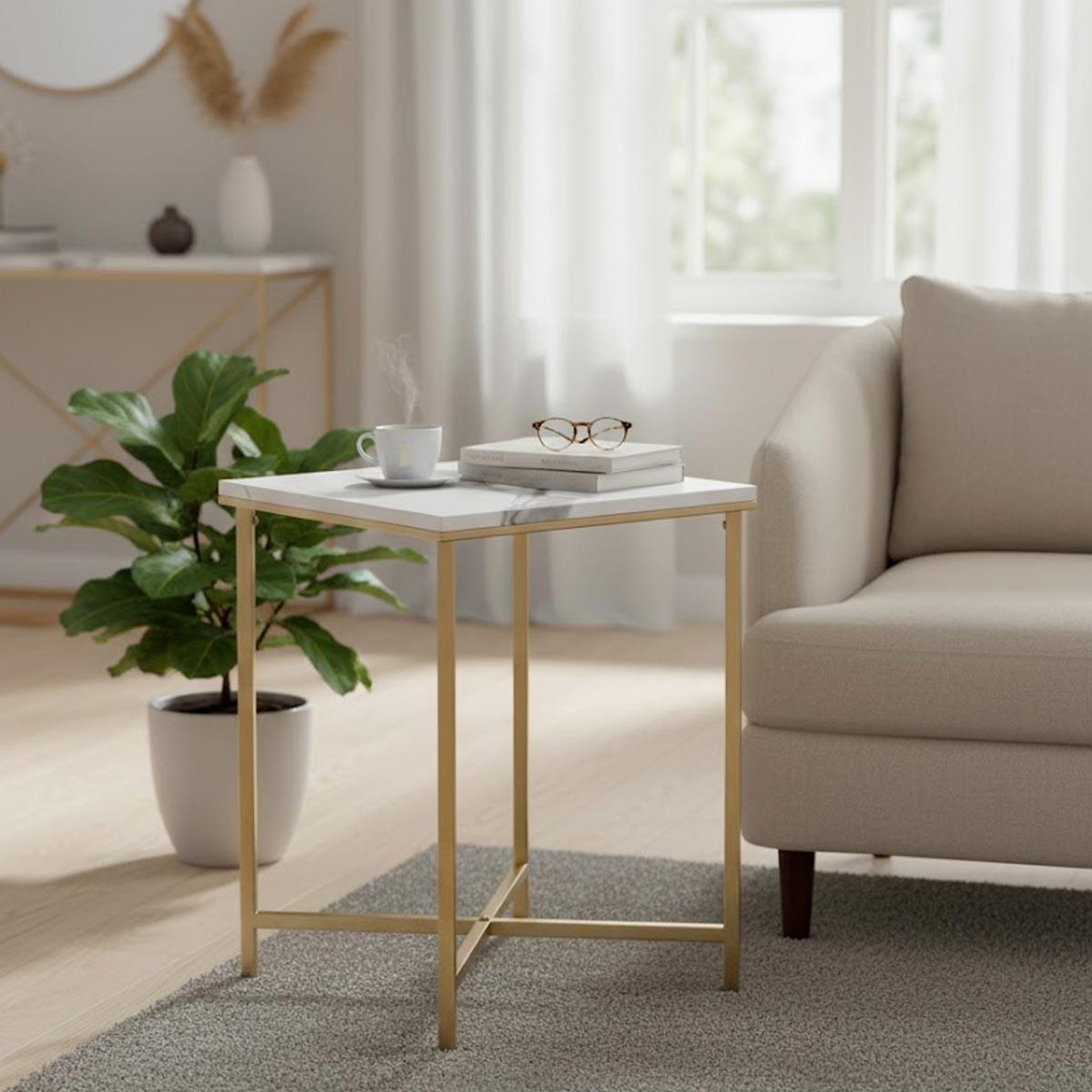 Voir la diapositive 3 : Paris Prix Table d'appoint carrée effet marbre  alba  55cm or