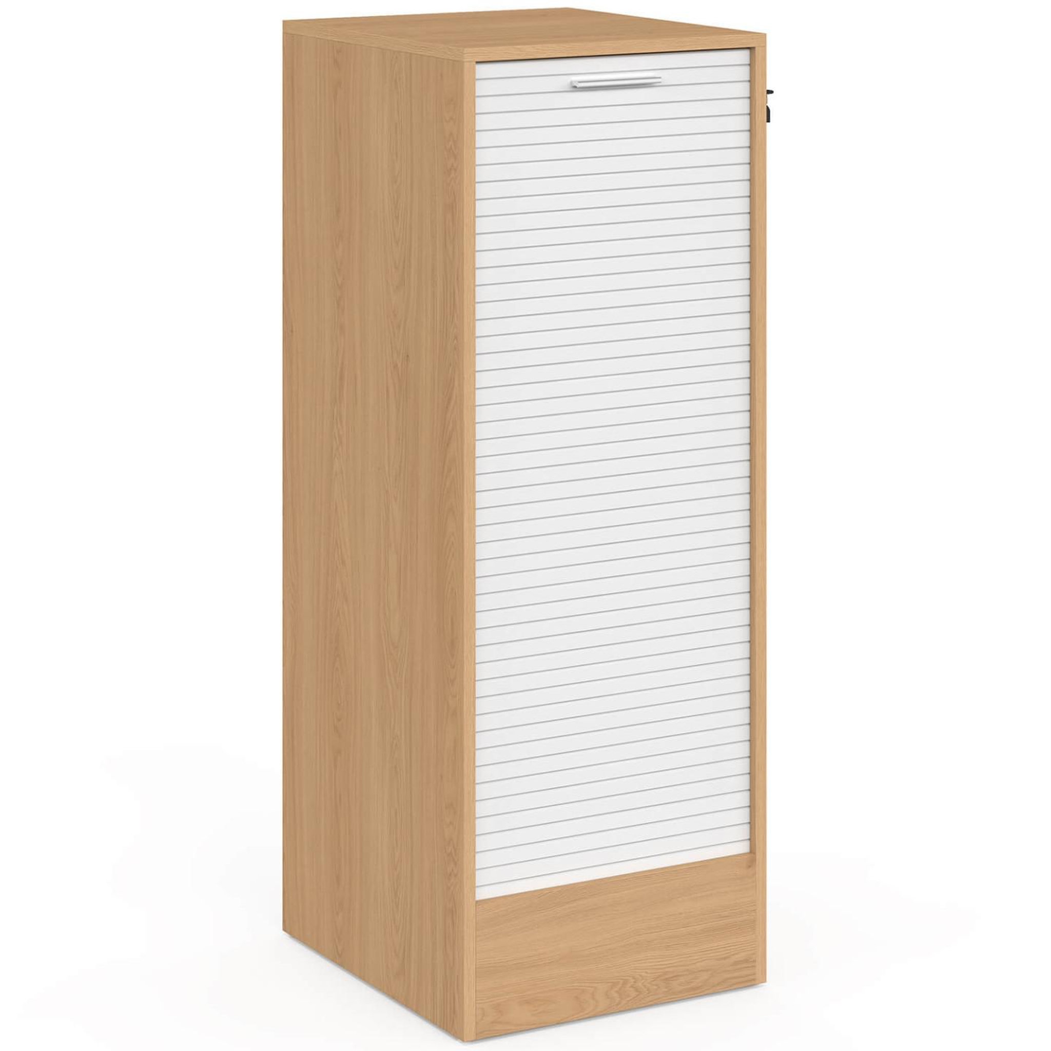 ID MARKET Meuble classeur à rideau verrouillable 4 tablettes H.110 cm blanc et bois