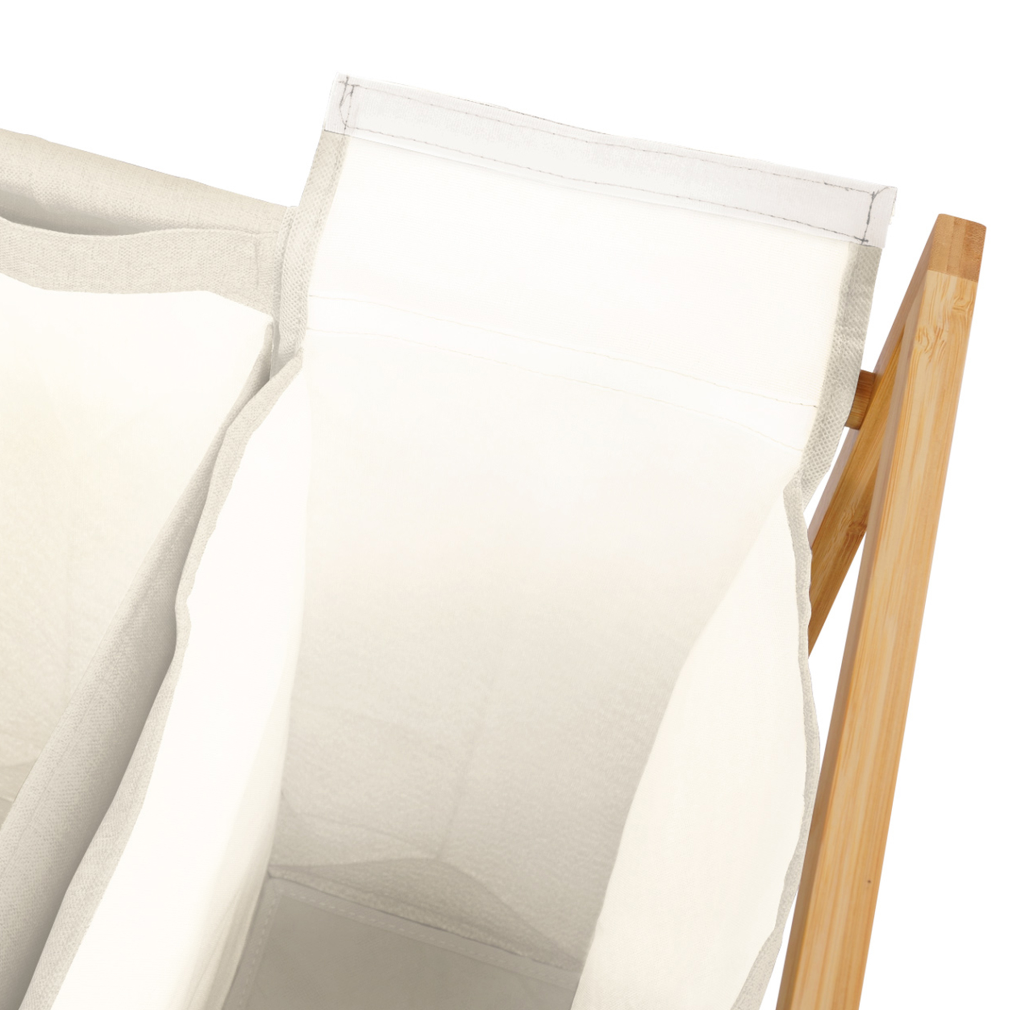 Voir la diapositive 3 : ID MARKET Panier à linge 3 compartiments bambou RITA tissu écru avec roulettes