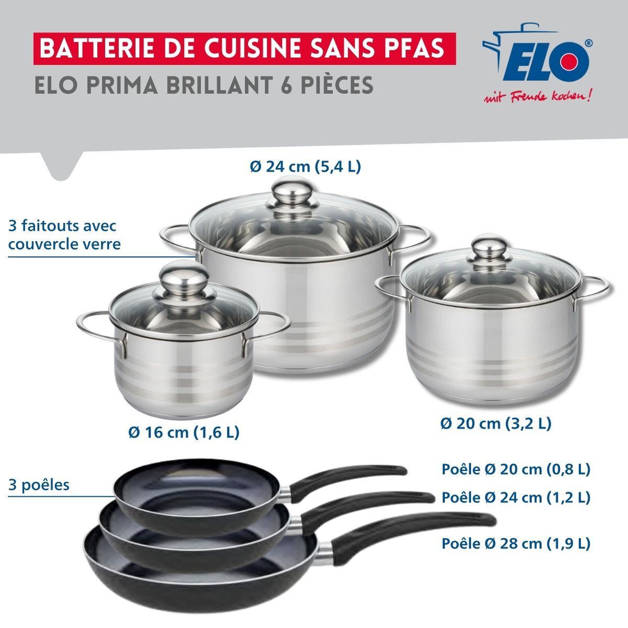Voir la diapositive 2 : ELO Ensemble de 3 poêles de cuisson 20, 24 et 28 cm et 3 faitouts 16, 20 et 24 cm elo prima brillant