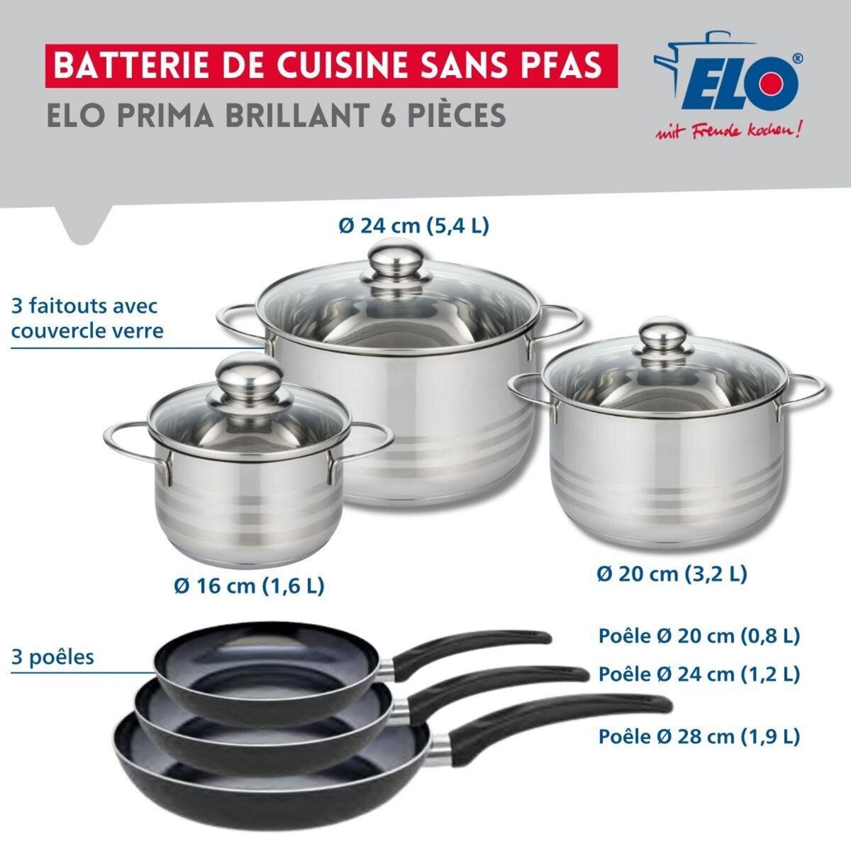 ELO Ensemble de 3 Poêles de cuisson 20, 24 et 28 cm et 3 faitouts 16, 20 et 24 cm Elo Prima Brillant