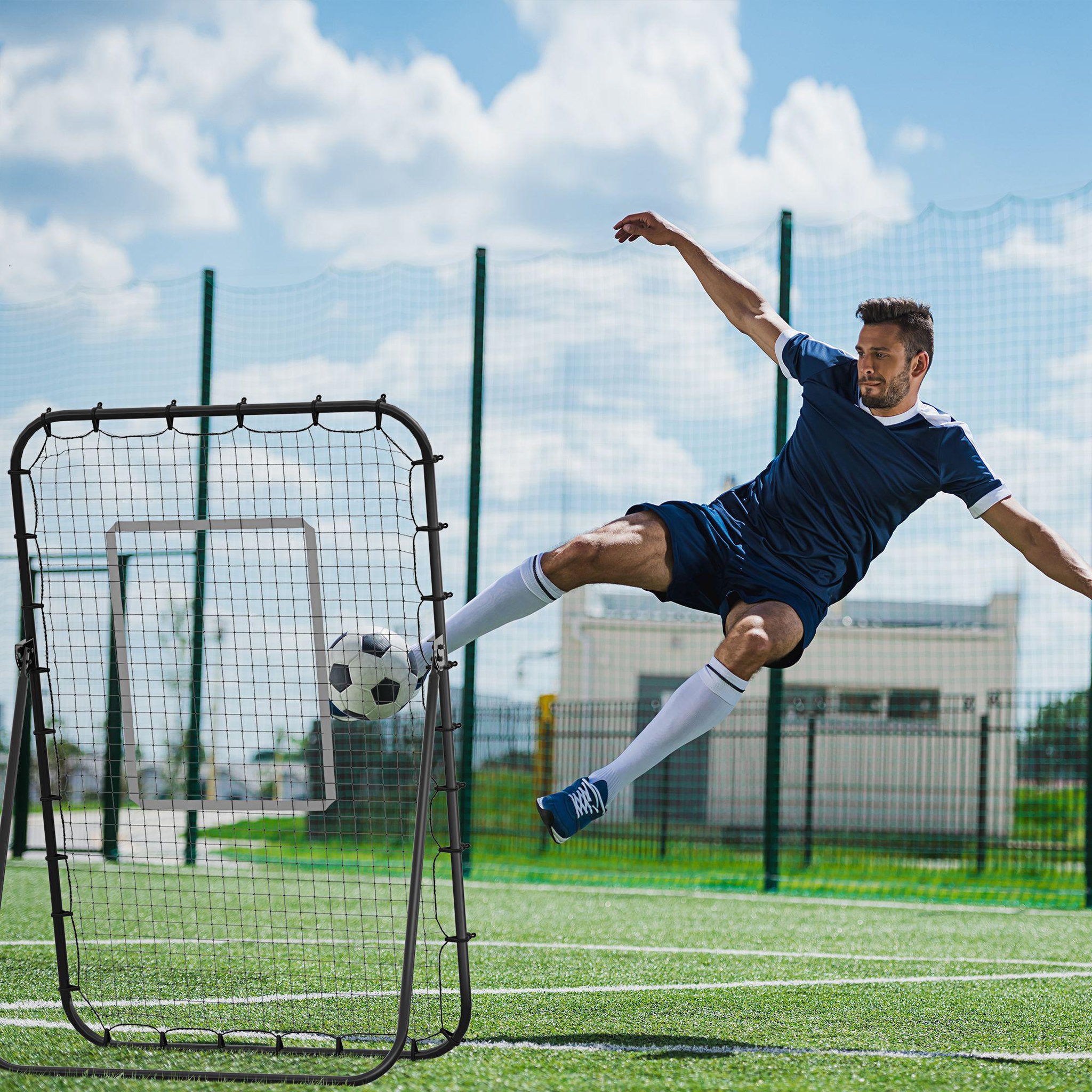Voir la diapositive 2 : HOMCOM Filet de rebond de football pliable - inclinaison réglable 4 positions hauteur réglable - cible, piquets d'ancrage inclus - filet pe métal époxy noir