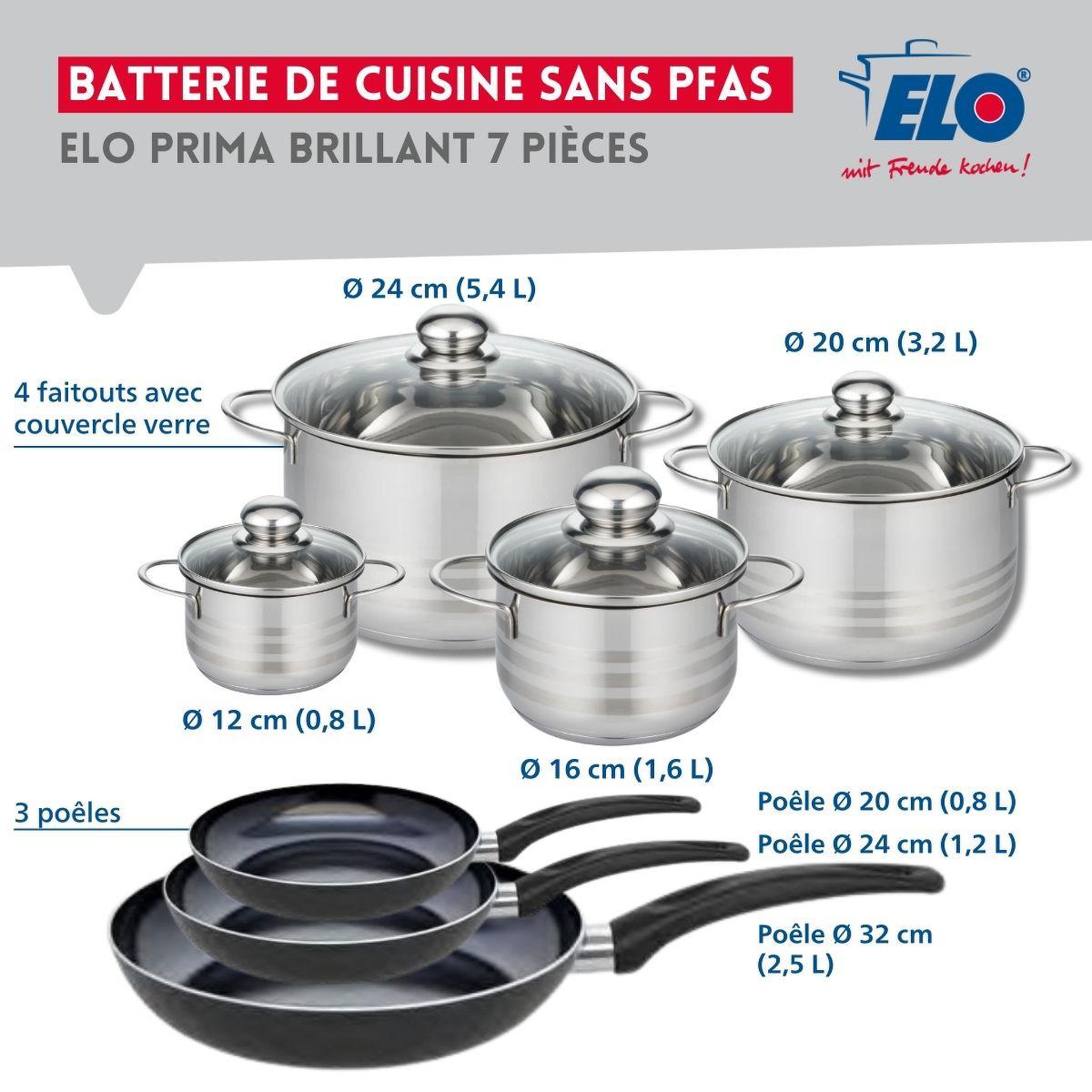 Voir la diapositive 2 : ELO Ensemble de 3 Poêles de cuisson 20, 24 et 32 cm et 4 faitouts 12, 16, 20 et 24 cm Elo Prima Brillant