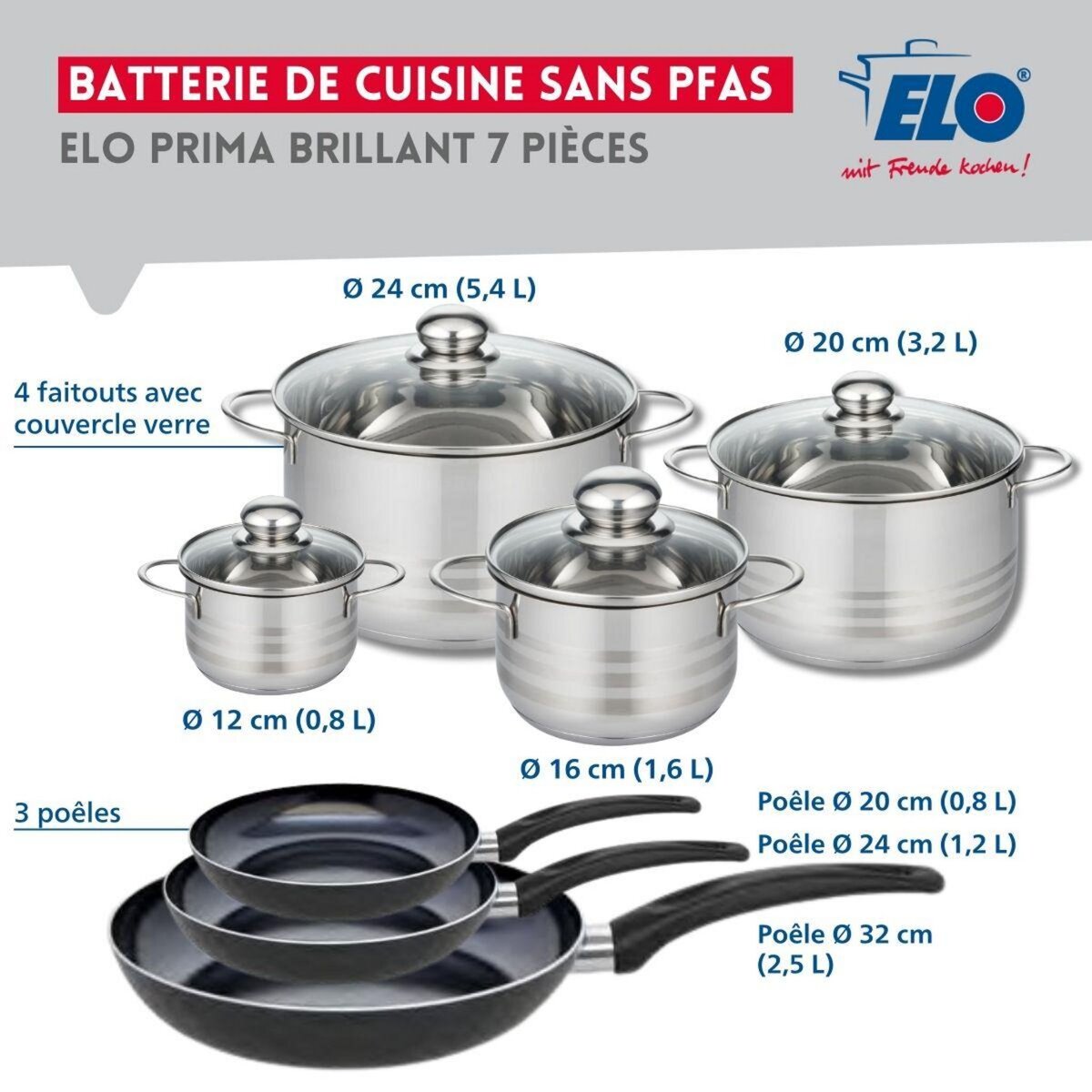 ELO Ensemble de 3 Poêles de cuisson 20, 24 et 32 cm et 4 faitouts 12, 16, 20 et 24 cm Elo Prima Brillant