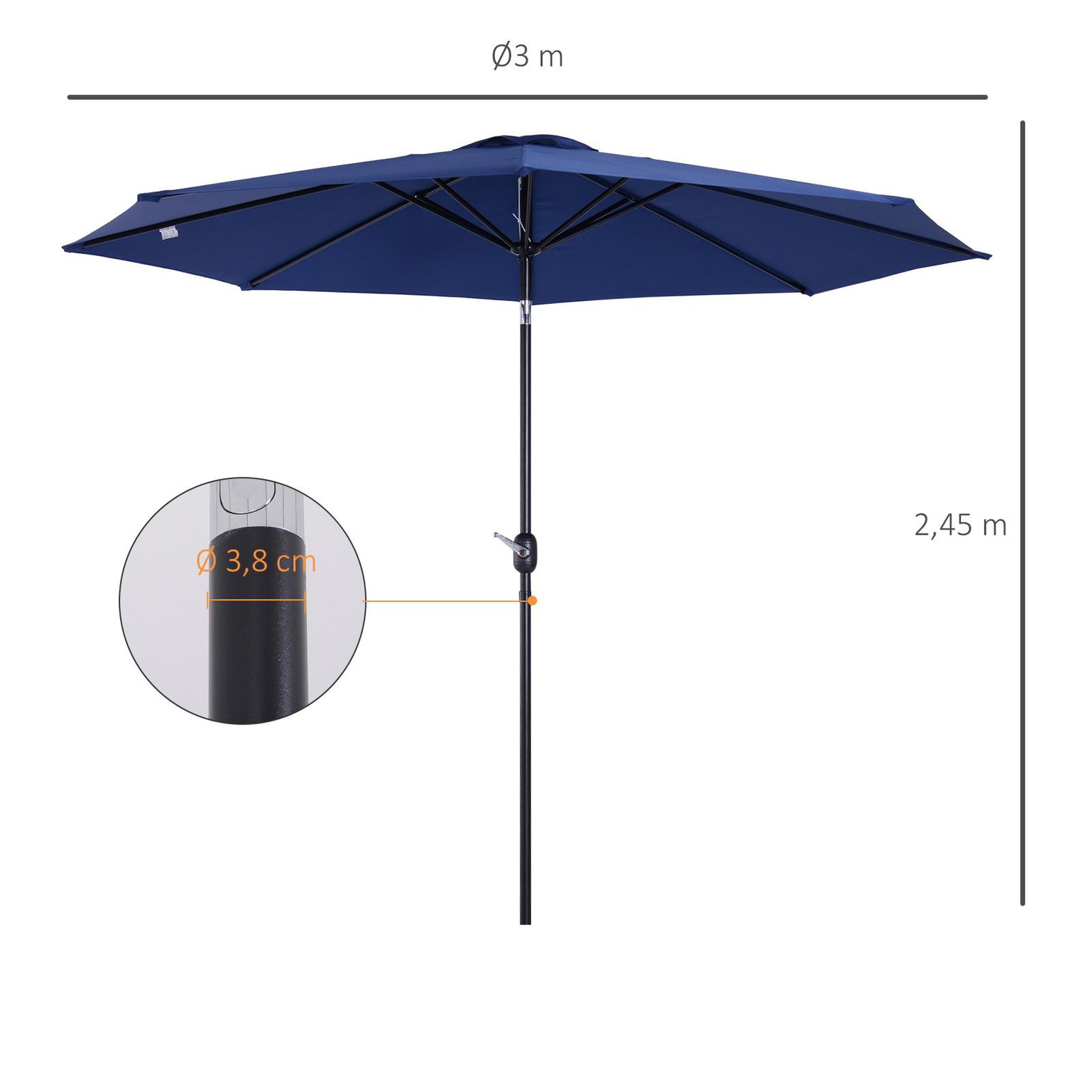 Voir la diapositive 3 : OUTSUNNY Parasol en métal rond polyester 180g/m² manivelle inclinable Ø 3 x 2,45 m bleu