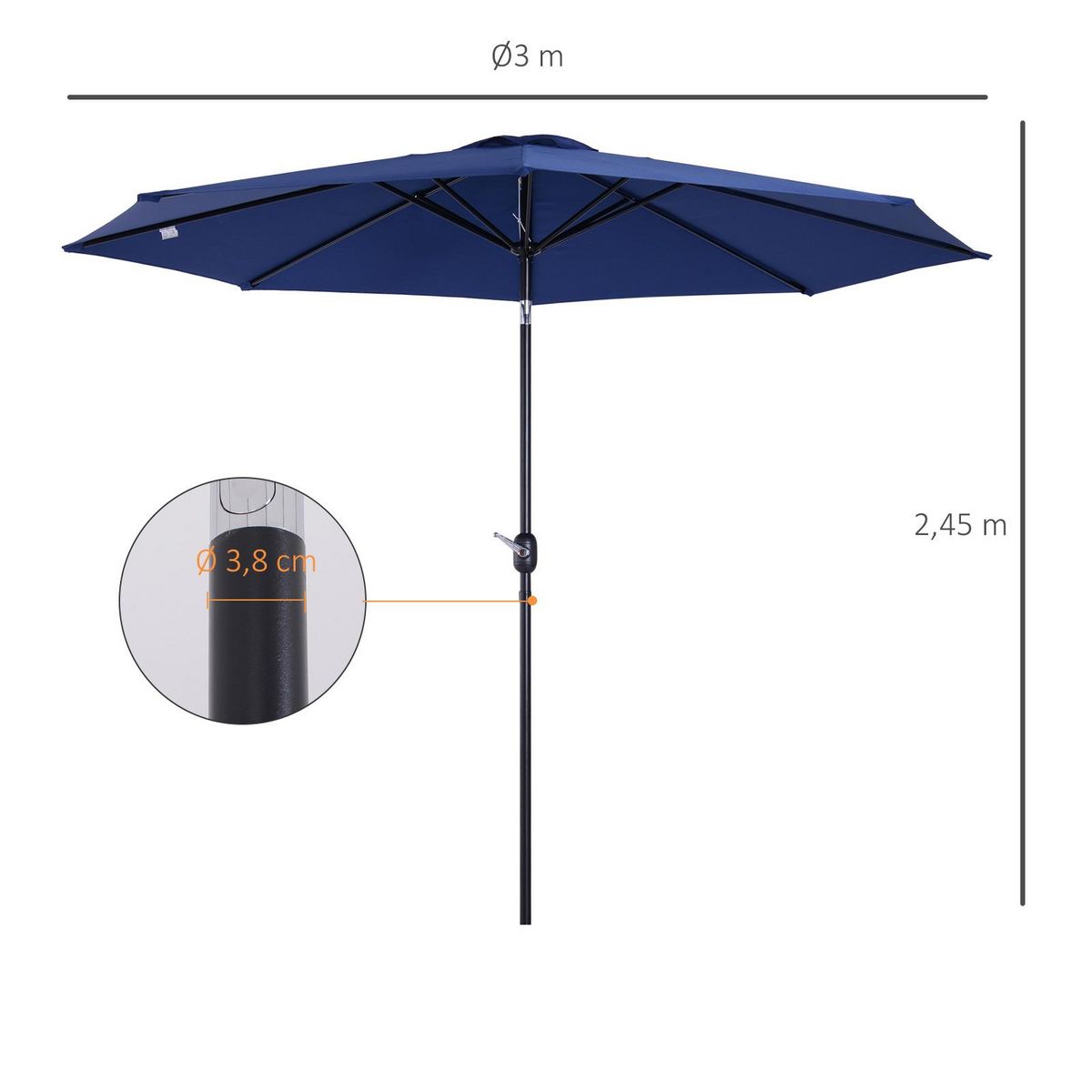 OUTSUNNY Parasol en métal rond polyester 180g/m² manivelle inclinable Ø 3 x 2,45 m bleu