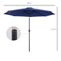 Voir la diapositive 3 : OUTSUNNY Parasol en métal rond polyester 180g/m² manivelle inclinable Ø 3 x 2,45 m bleu