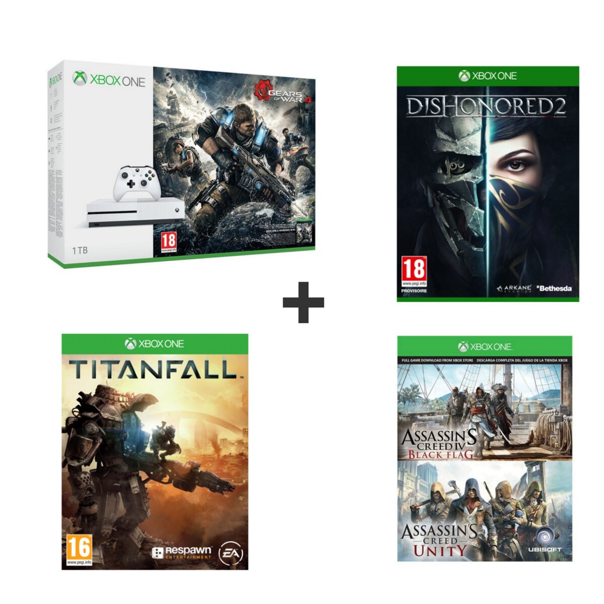 EXCLU WEB Console  Xbox One S 1To Pack G ears of War 4 + DISHONORED2  + TITANFALL 1 + CARTE DEMAT ASSASSIN'S CREED BLACK FLAG & UNITY