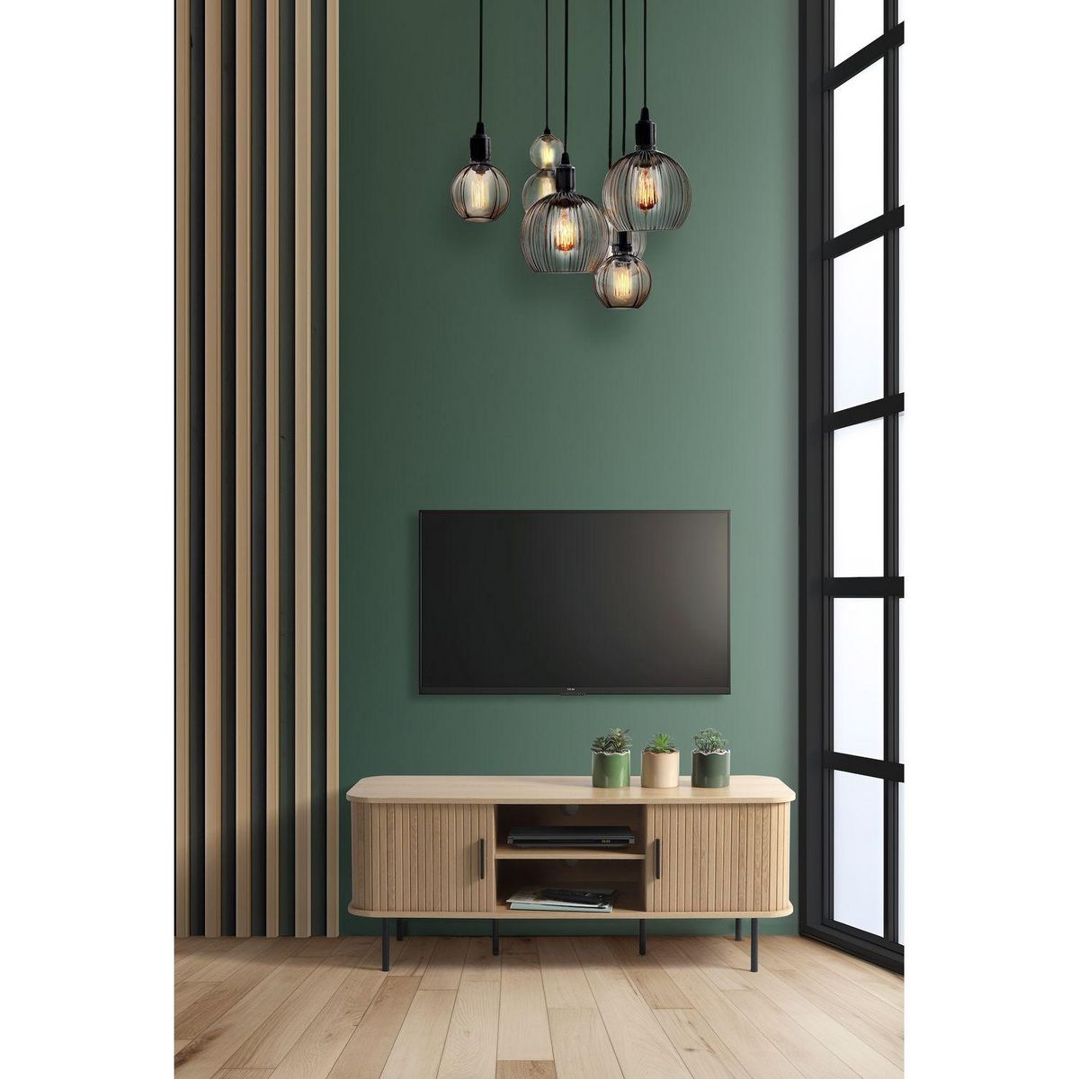 DIVERS Meuble TV 2 portes coulissantes effet tasseau BONNIE - Beige