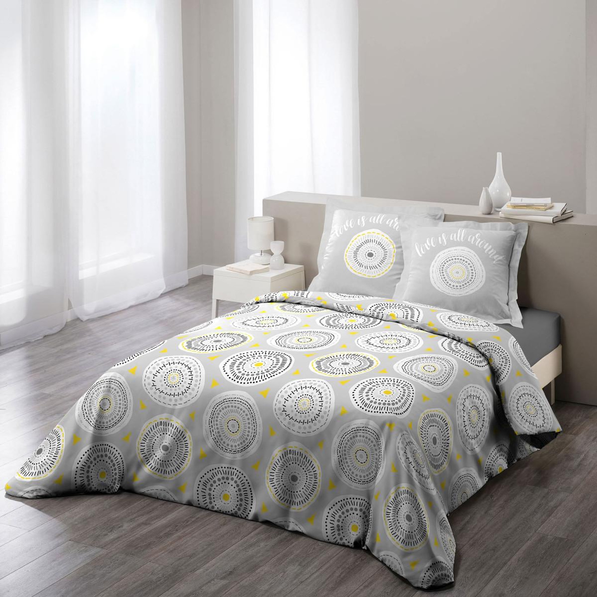 Douceur d'Intérieur Parure de lit 3 pièces  disco  240x220cm jaune & gris