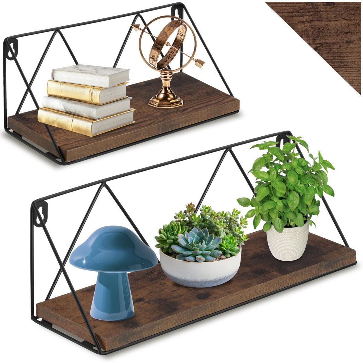 tectake Lot de 2 étagères murales style industriel Bois foncé industriel, rustique