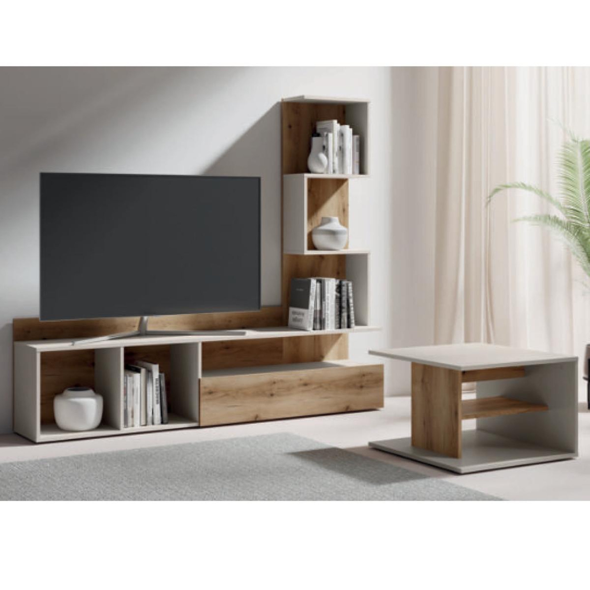 Voir la diapositive 2 : JLC KREATION Ensemble meuble tv mural moderne beige et bois 180cm mila