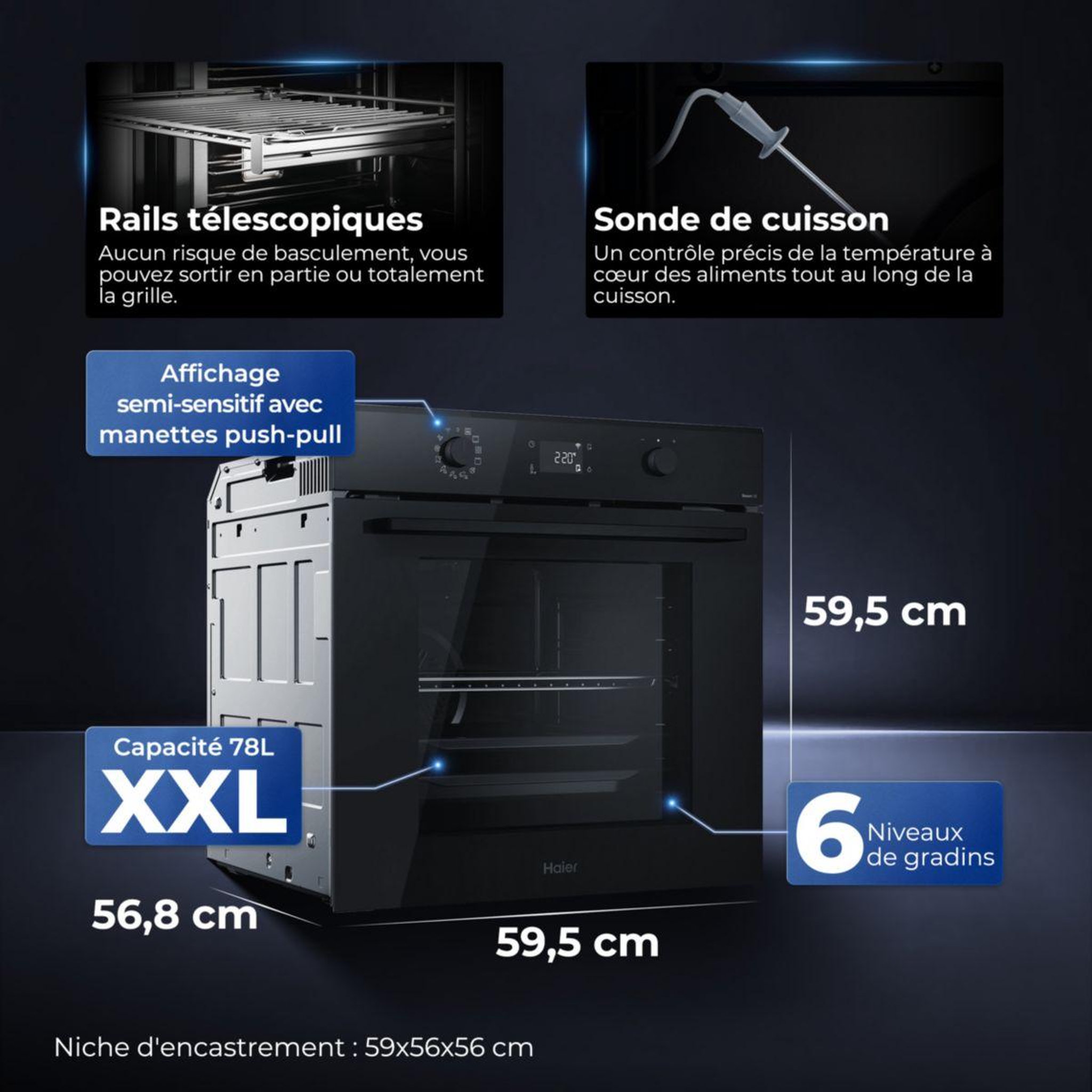 Voir la diapositive 3 : HAIER Four encastrable id2p5b5eytb - pyrolyse - hydrolyse - chaleur pulsée - porte froide - rails télescopiques