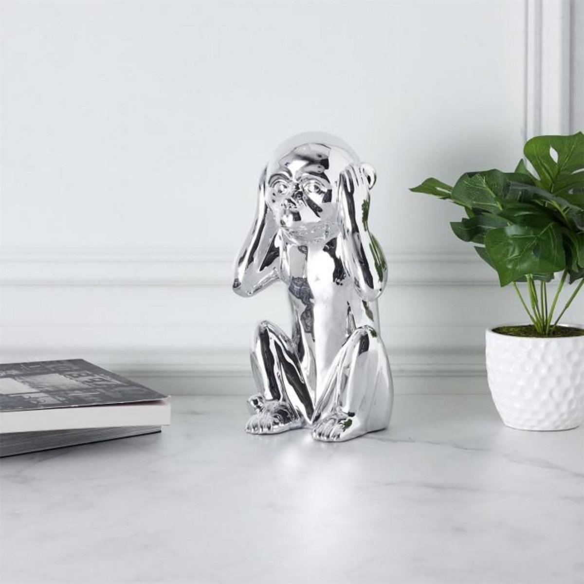 Paris Prix Statuette Déco en Céramique  Singe Assis  28cm Argent