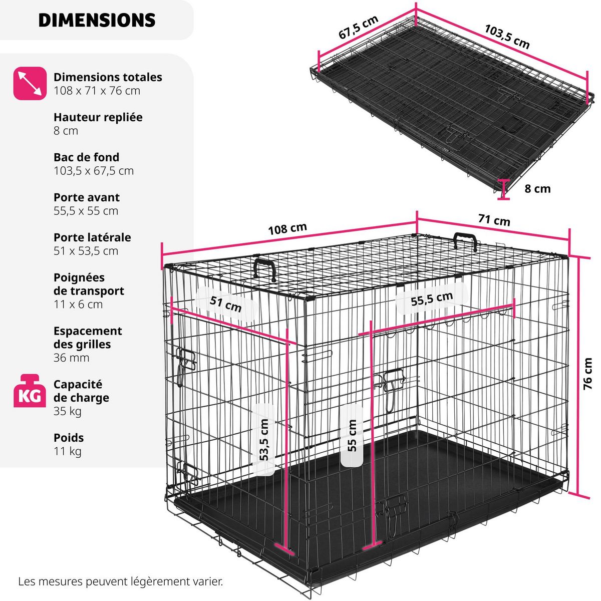 tectake Caisse grillagée pour chien pliable avec 2 poignées de transport noir