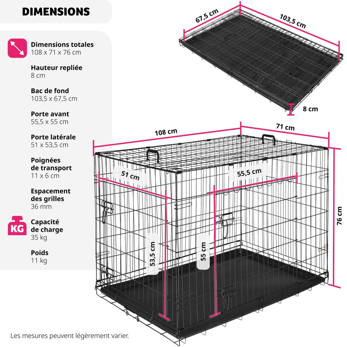 tectake Caisse grillagée pour chien pliable avec 2 poignées de transport noir