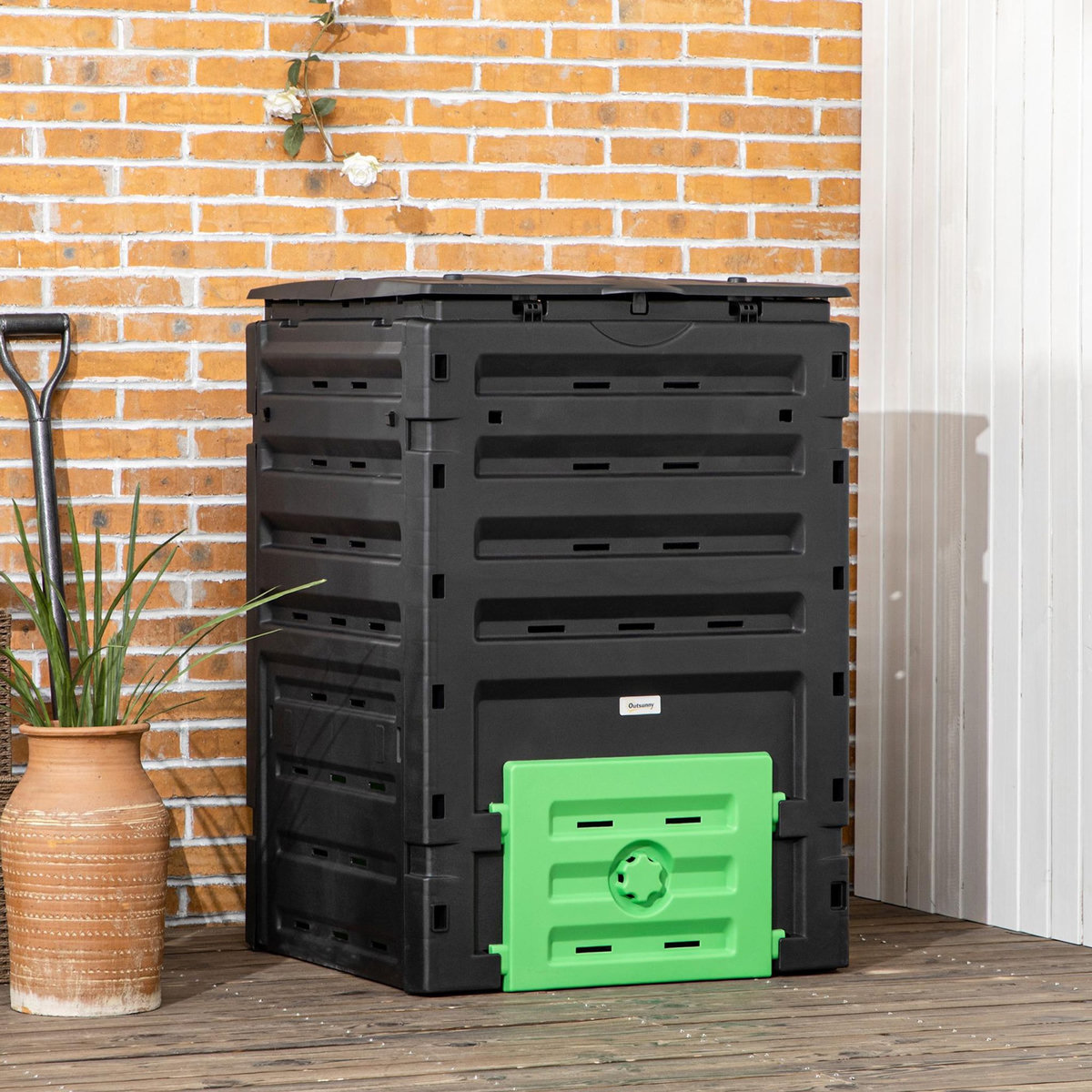 OUTSUNNY Composteur de jardin 450L 80 aérations 2 trappes coulissantes toit ouvrant noir vert