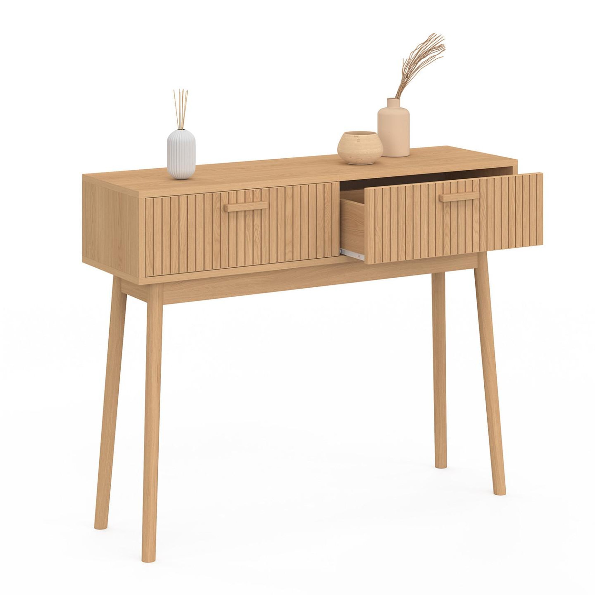 Voir la diapositive 5 : ID MARKET Console 2 tiroirs juliette lattes tasseau bois coloris chêne