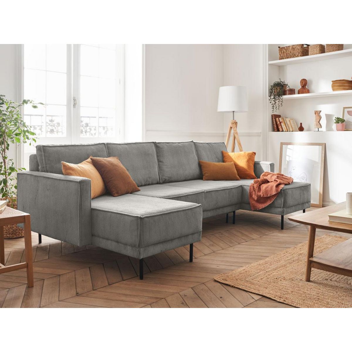 LISA DESIGN Charlie - canapé panoramique en u - 7 places - convertible avec coffre - en velours côtelé