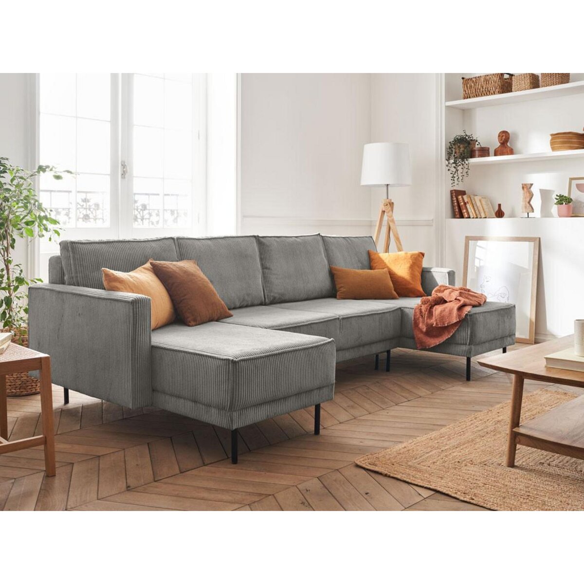 LISA DESIGN Charlie - canapé panoramique en u - 7 places - convertible avec coffre - en velours côtelé