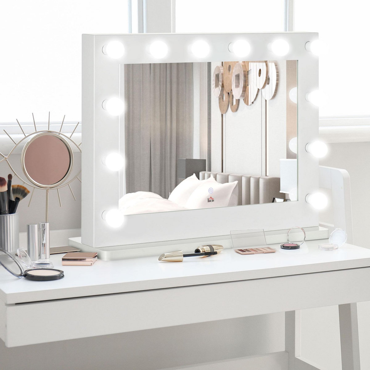 HOMCOM Miroir maquillage Hollywood lumineux LED tactile - 12 LED, luminosité réglable, fonction mémoire - métal MDF blanc verre