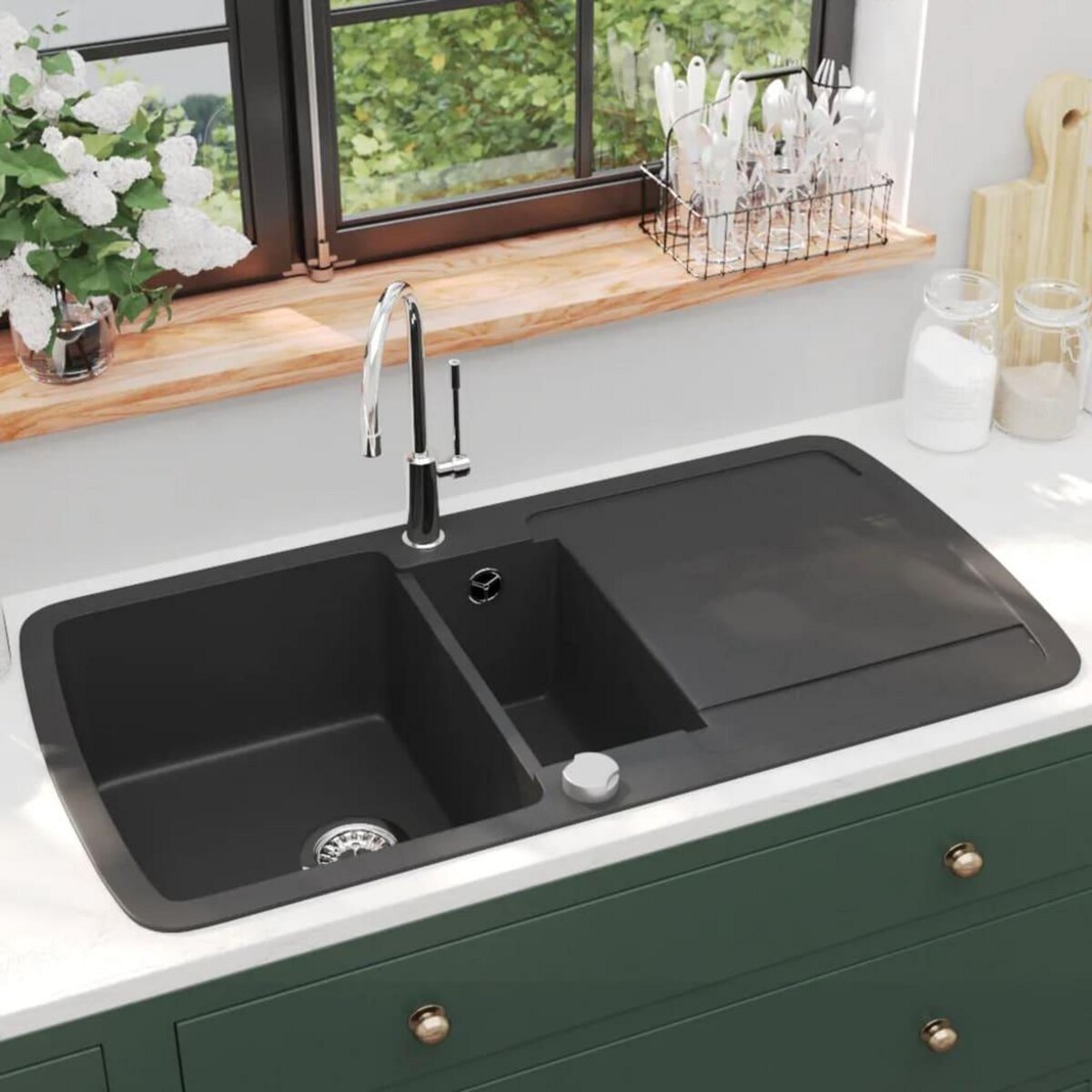 VIDAXL Evier de cuisine en granit Double bac Noir