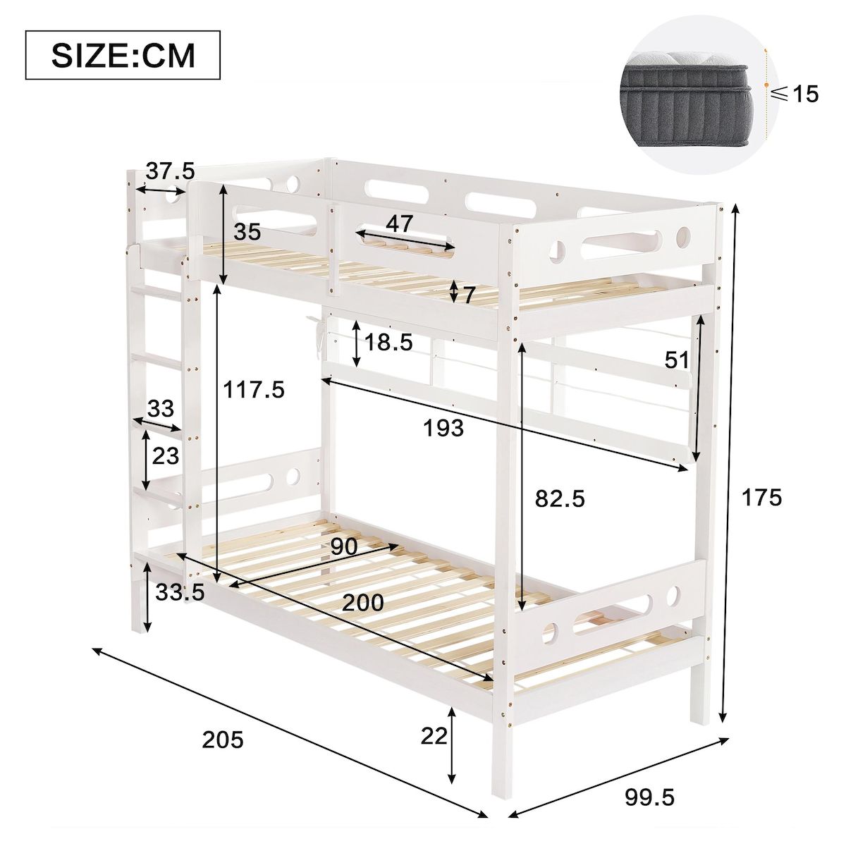 MERAX Lit superposé 90x200cm coloris blanc pin et mdf