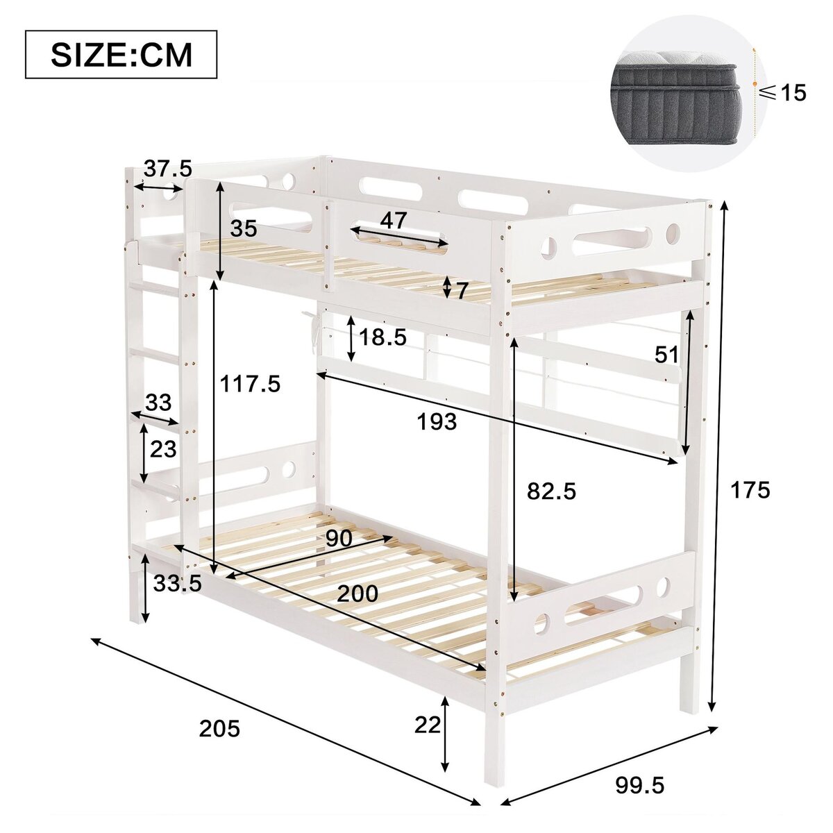 MERAX Lit superposé 90x200cm coloris blanc pin et mdf