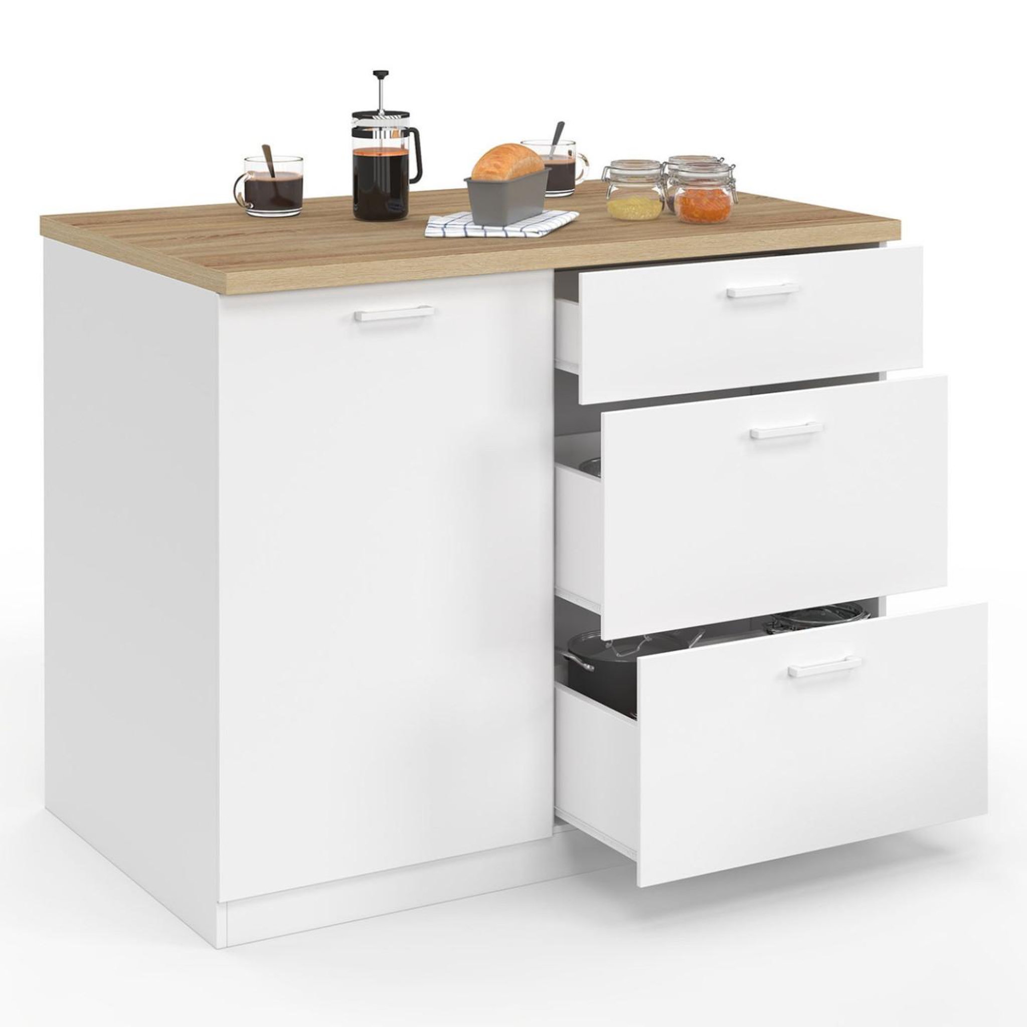 ID MARKET Ilot central tibo 110 cm casserolier 3 tiroirs bois blanc avec plan de travail façon hêtre