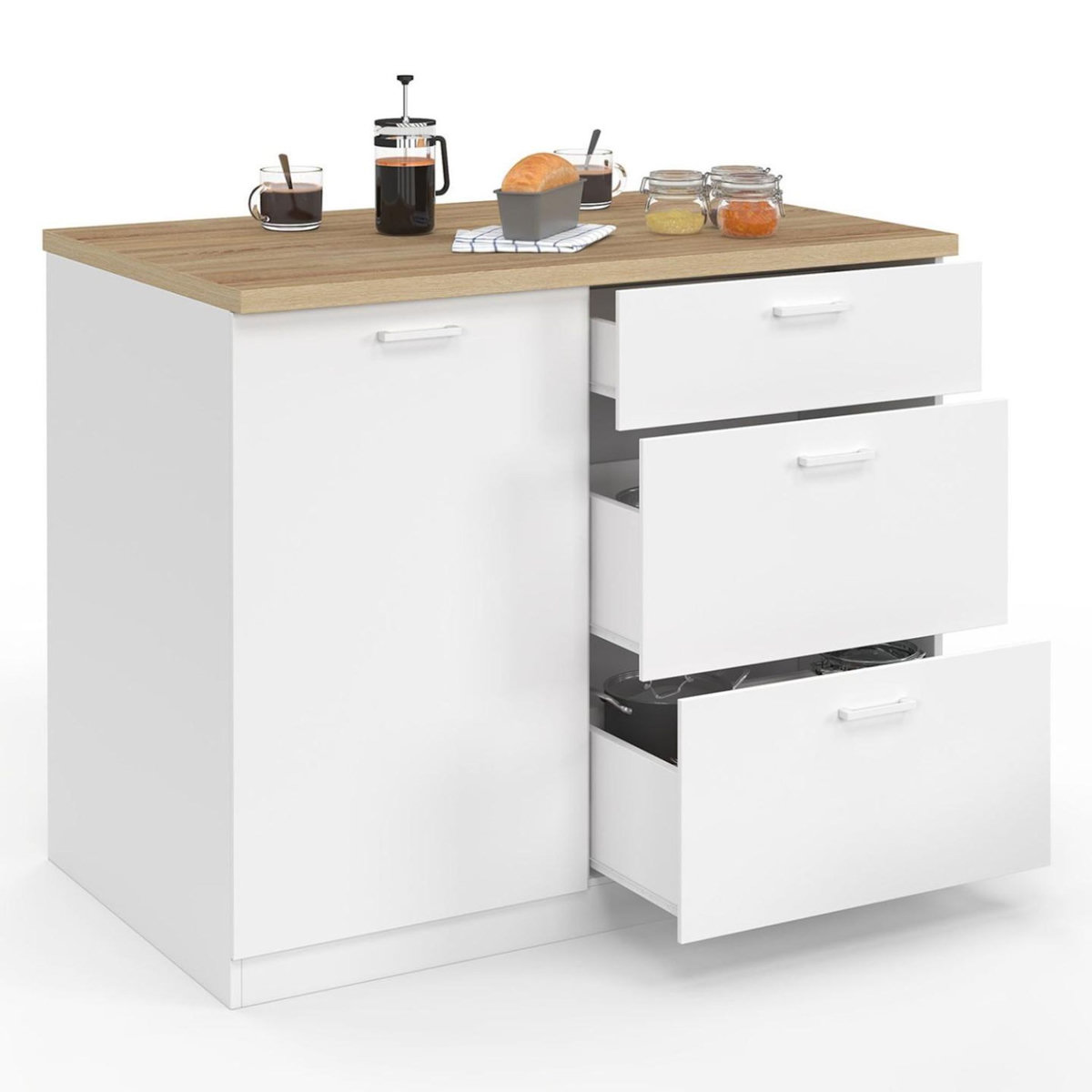ID MARKET Ilot central TIBO 110 cm casserolier 3 tiroirs bois blanc avec plan de travail façon hêtre