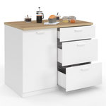 ID MARKET Ilot central TIBO 110 cm casserolier 3 tiroirs bois blanc avec plan de travail façon hêtre