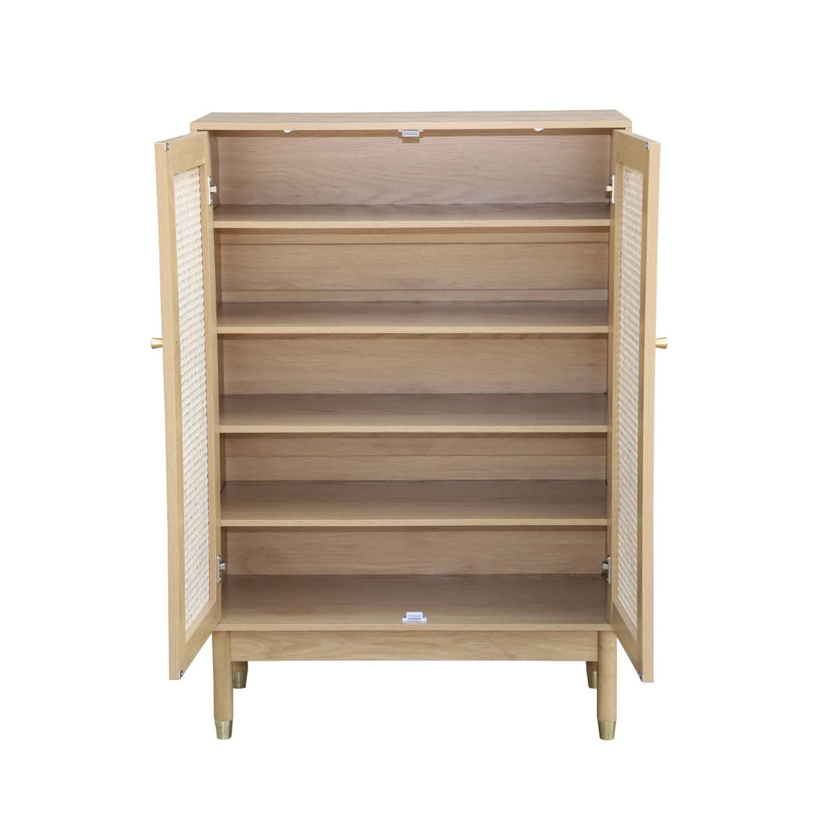 SWEEEK Meuble à chaussures / Petit buffet 2 portes cannage JUDITH. 20 paires de chaussures. 4 étagères. pieds en bois d'hévéa avec caps finition dorée.